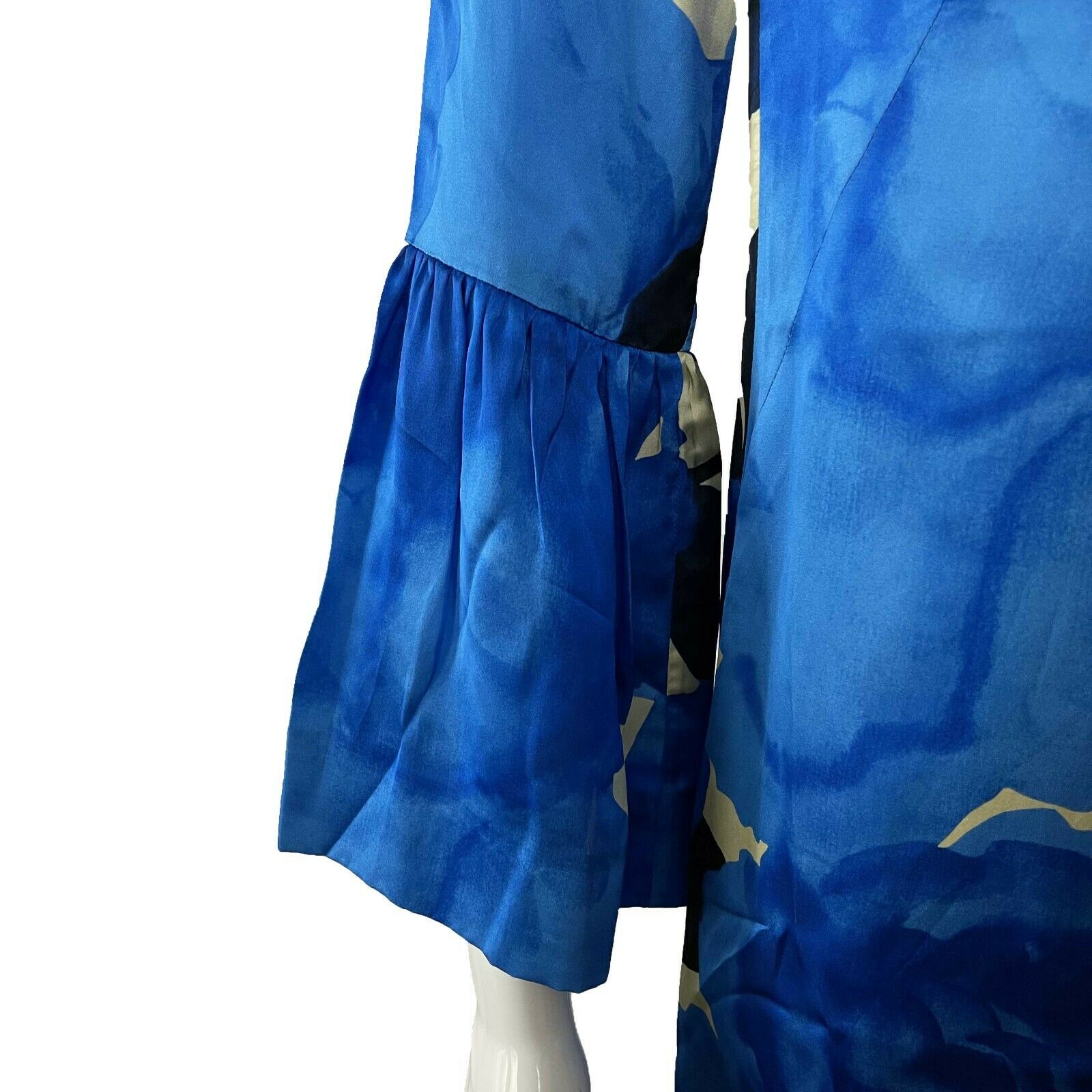 Dries Van Noten Blue Floral Satin Dress - Elegant Midi Dress in Blue, White & Black | Size IT34/US00 | Perfect for Weddings, Parties & Special Occasions