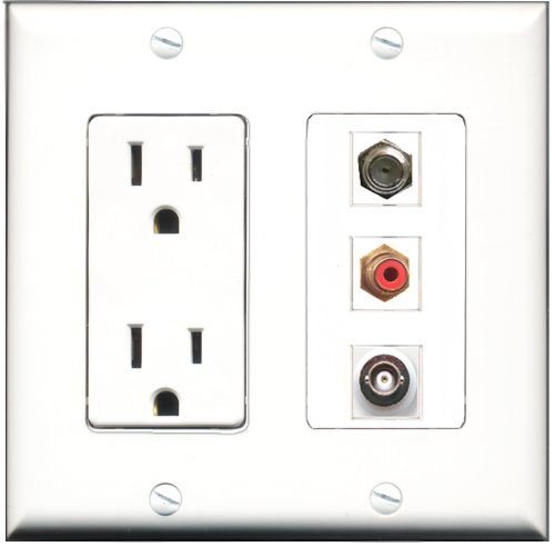 RiteAV 15 Amp Power Outlet with 1 RCA Port, 1 Coax Port & 1 BNC Port - Decorative Wall Plate for Home Theater, Office & AV Setup
