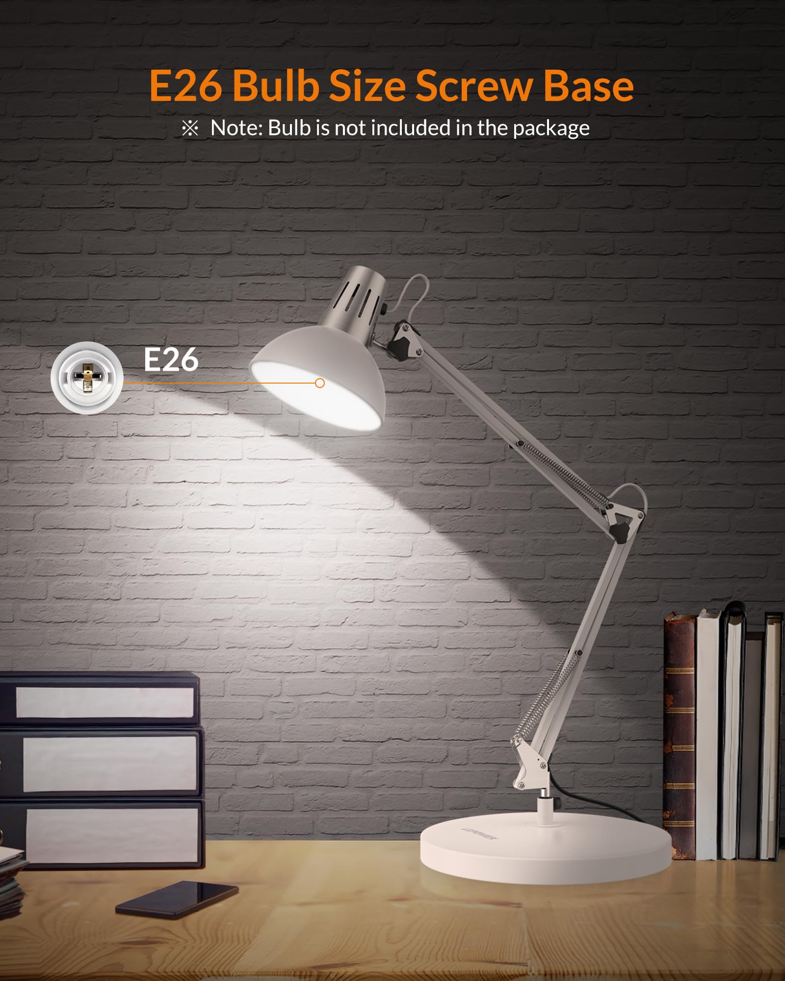 LEPOWER Adjustable Metal Desk Lamp with Clamp - Architect Swing Arm Task Light, Eye-Caring Reading Lamp for Study, Office & Bedroom - White | Perfect for Home Office, Dorm Room & Nightstand Lighting