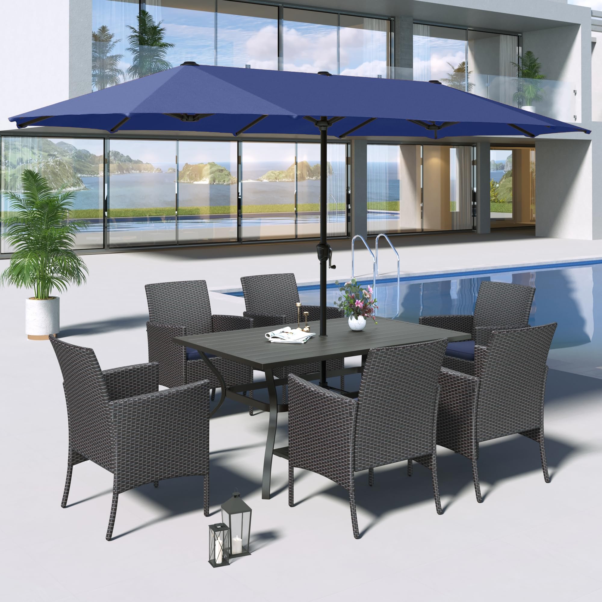 MFSTUDIO 8-Piece Outdoor Patio Dining Set for 6 with 13ft Umbrella - All-Weather Wicker Chairs & Rectangular Table - Perfect for Backyard, Garden, Poolside & BBQ Gatherings