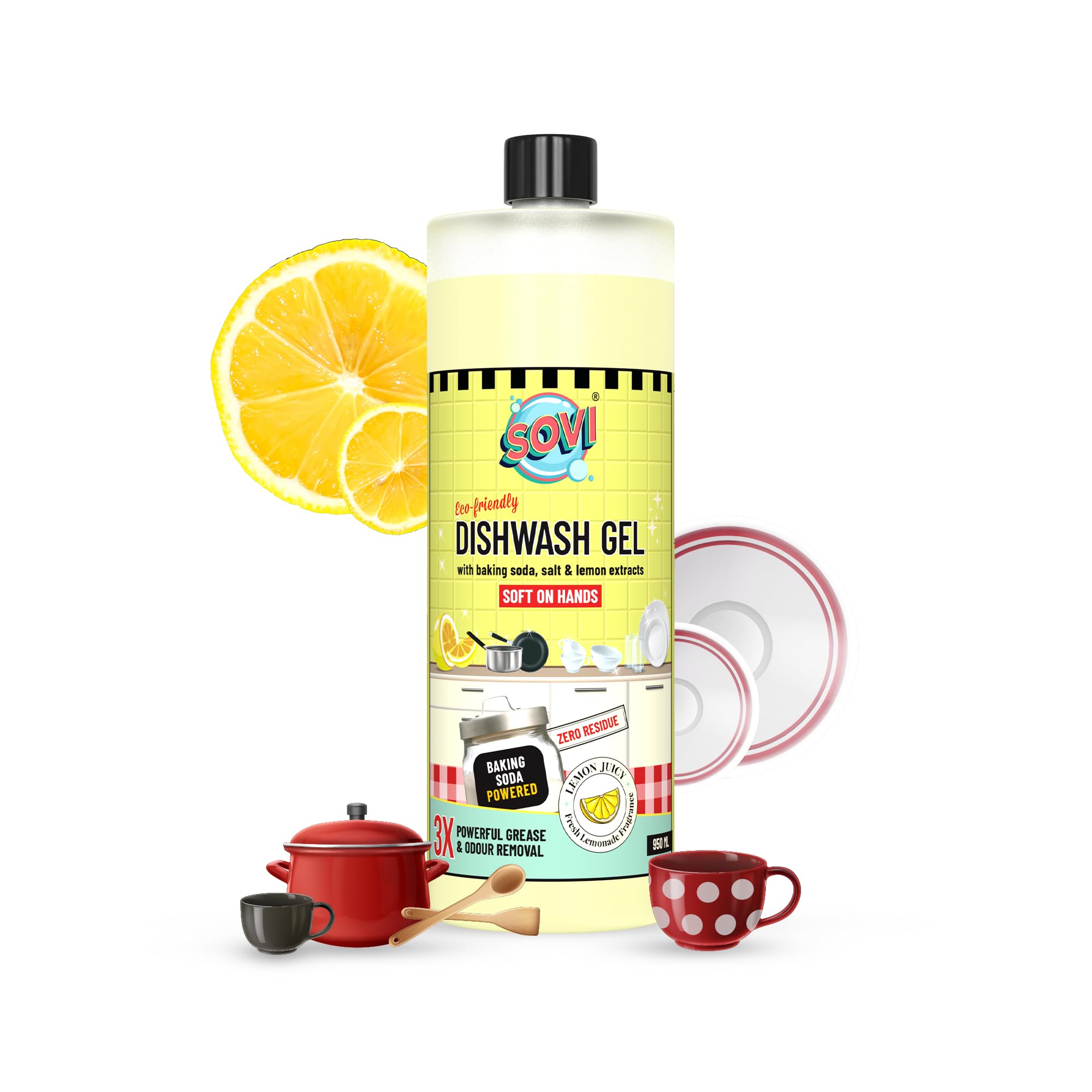 SOVI Dishwashing Liquid - Tough Grease Remover, Antibacterial & Odor Eliminator with Baking Soda, Salt & Lemon Extract - Safe for Kids & Pets - 950ml (1 Pack) - Perfect for Kitchen Cleaning, Pots, Pans & Utensils