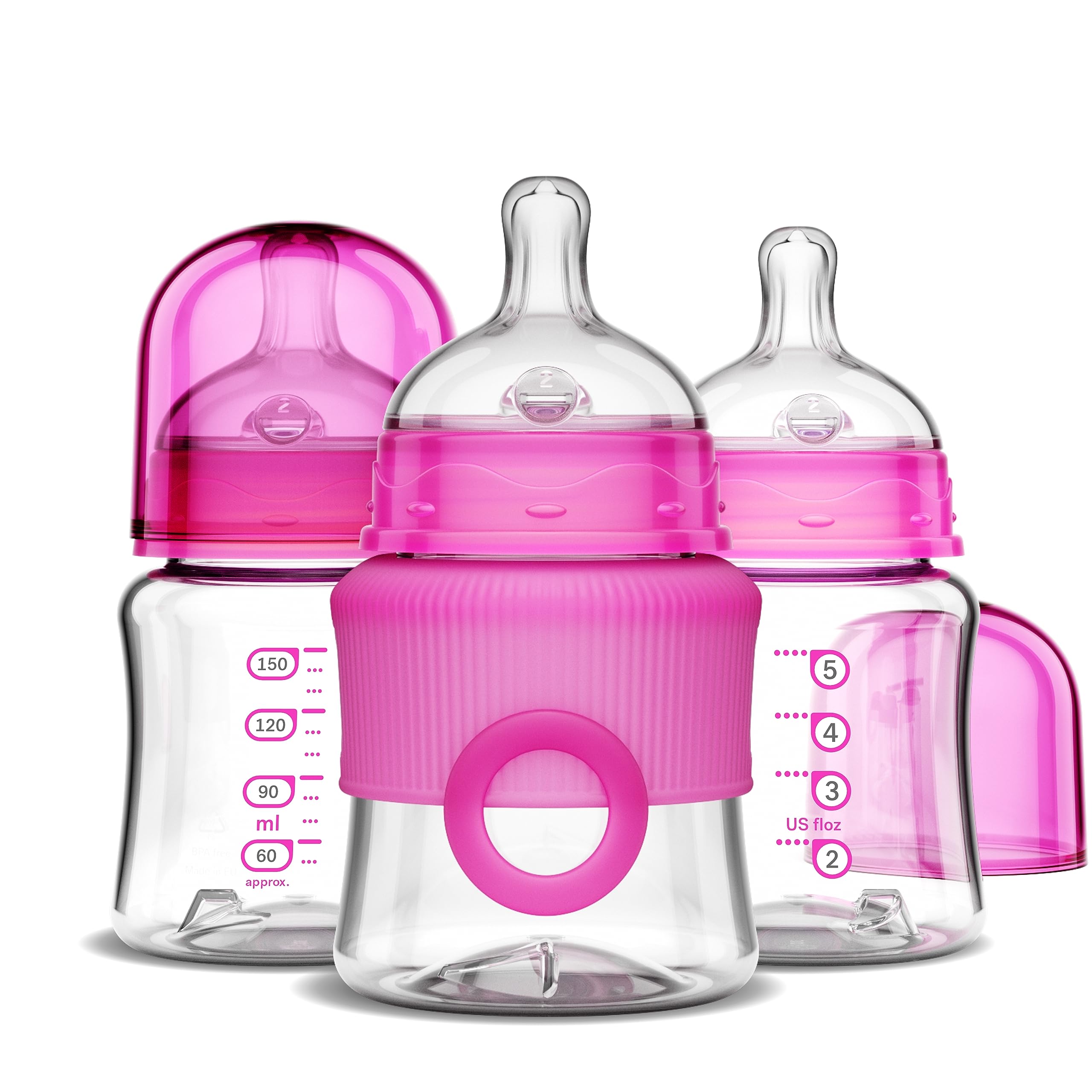 Smilo Baby Bottle Set - 3 Pack of 5 Oz / 150ml Anti-Colic Bottles with Stage 0 Slow Flow Nipples for Newborns 0-3 Months (Pink) - Perfect for Breastfeeding Transition & Reducing Gas Discomfort