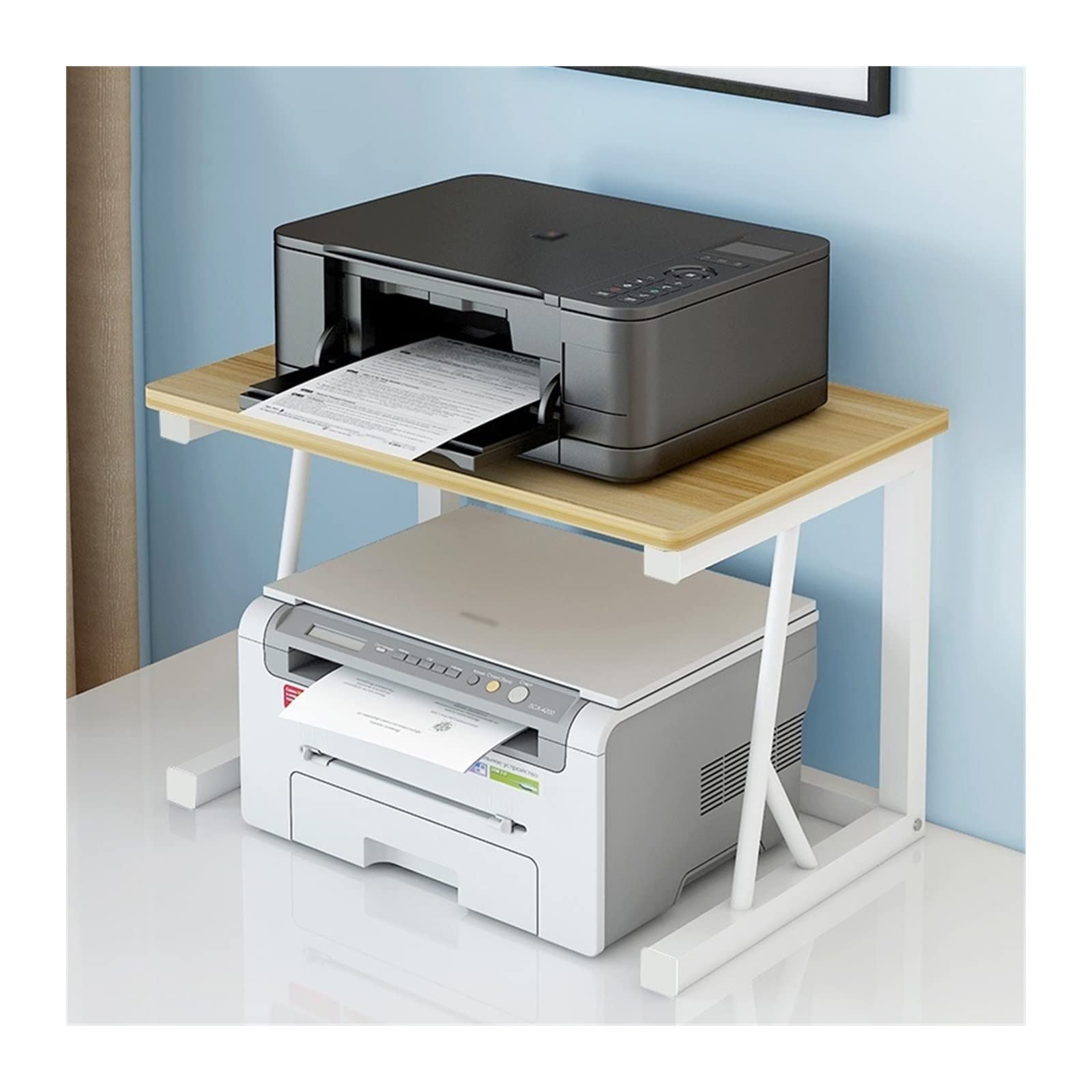TOMYEUS 2-Tier Printer Stand - Heavy Duty Metal & Wood Desktop Organizer for Home & Office - Printer Copier Storage Shelf with Multi-Layer Design - Perfect for Workspace Organization (Color: 04) - Ideal for Small Spaces, Home Offices & Workstations