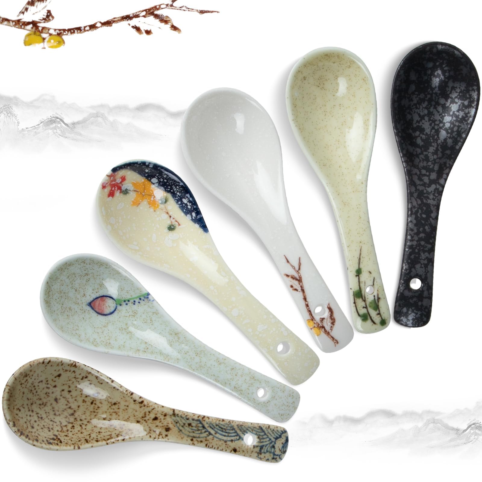 6 Pcs Asian Retro Ceramic Soup Spoons - Japanese Style for Ramen, Salad, Wonton