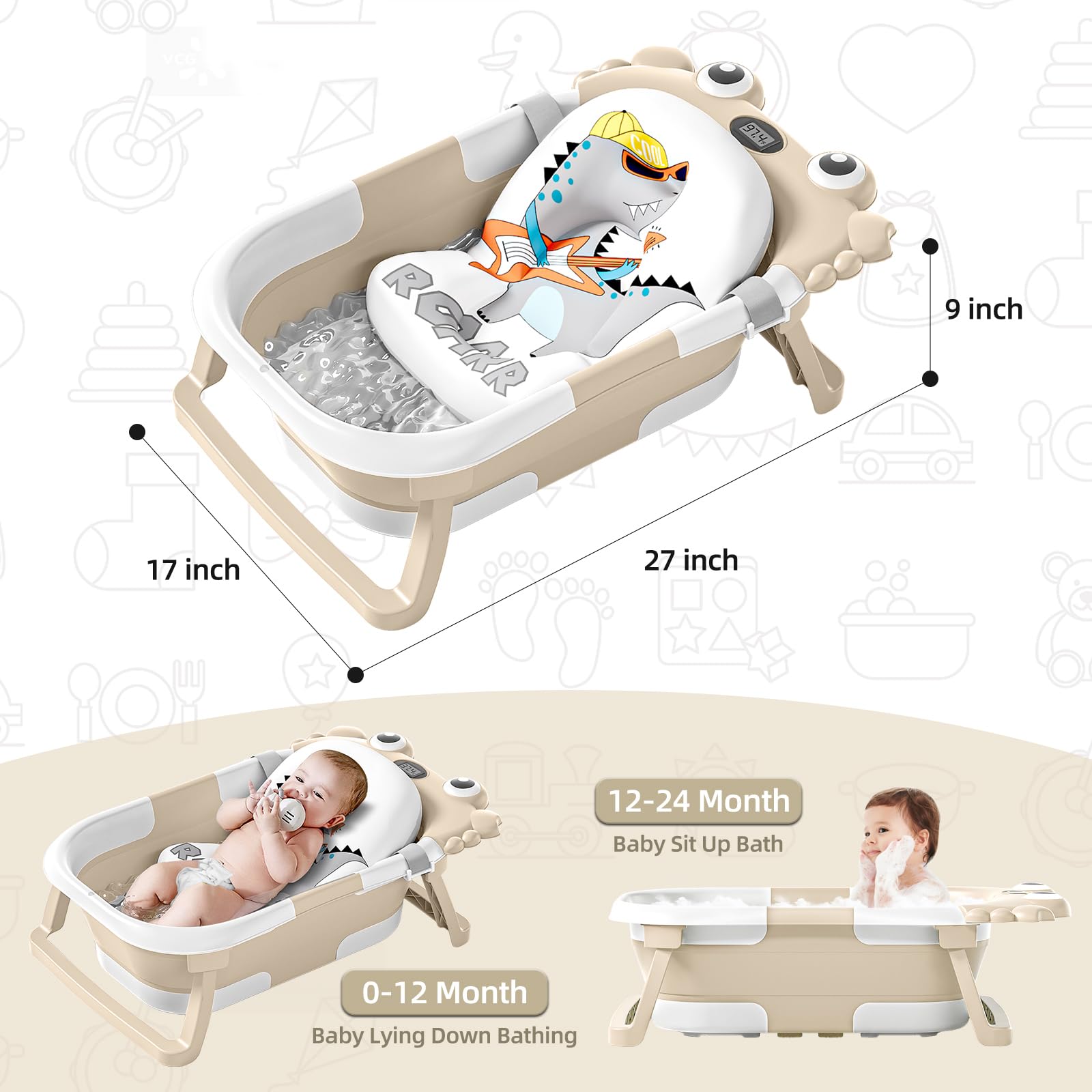 Foldable Baby Bathtub with Temperature Monitor & Floating Cushion - Portable Infant to Toddler Bath Tub (0-36 Months) for Newborns - Ideal for Home, Travel & Daycare Use (Beige)