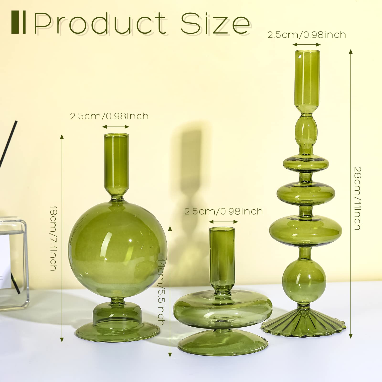 Rtteri 3-Piece Glass Candlestick Holders Set - Elegant Wavy Taper Candle Holders for Home Decor, Wedding Centerpieces & Party Decorations (Green)