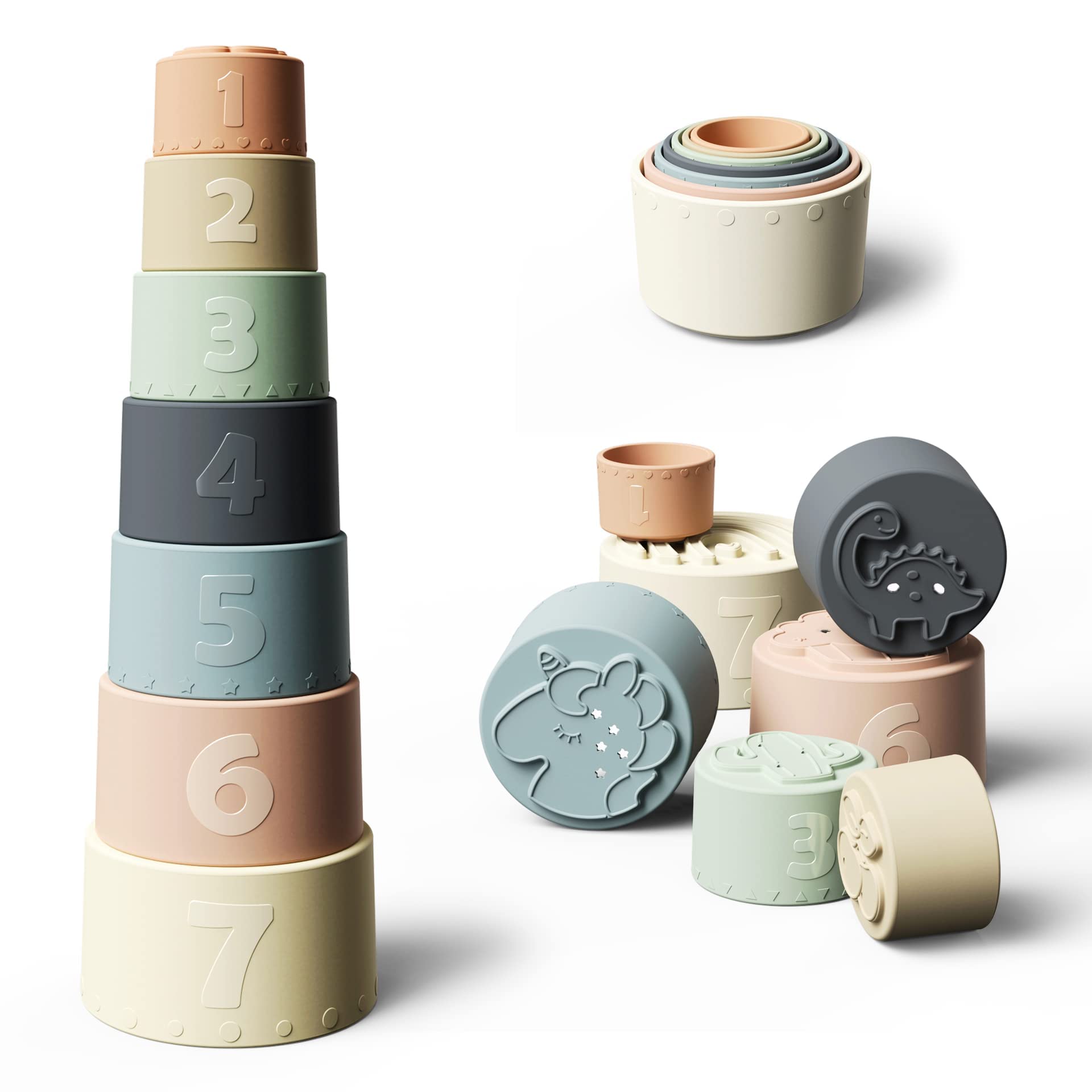**Moonkie Stacking Cups Toy - 7 Piece Soft Silicone Baby Teething & Educational Toys for Infants 6+ Months | Montessori Learning, Bath Time & Sensory Play**