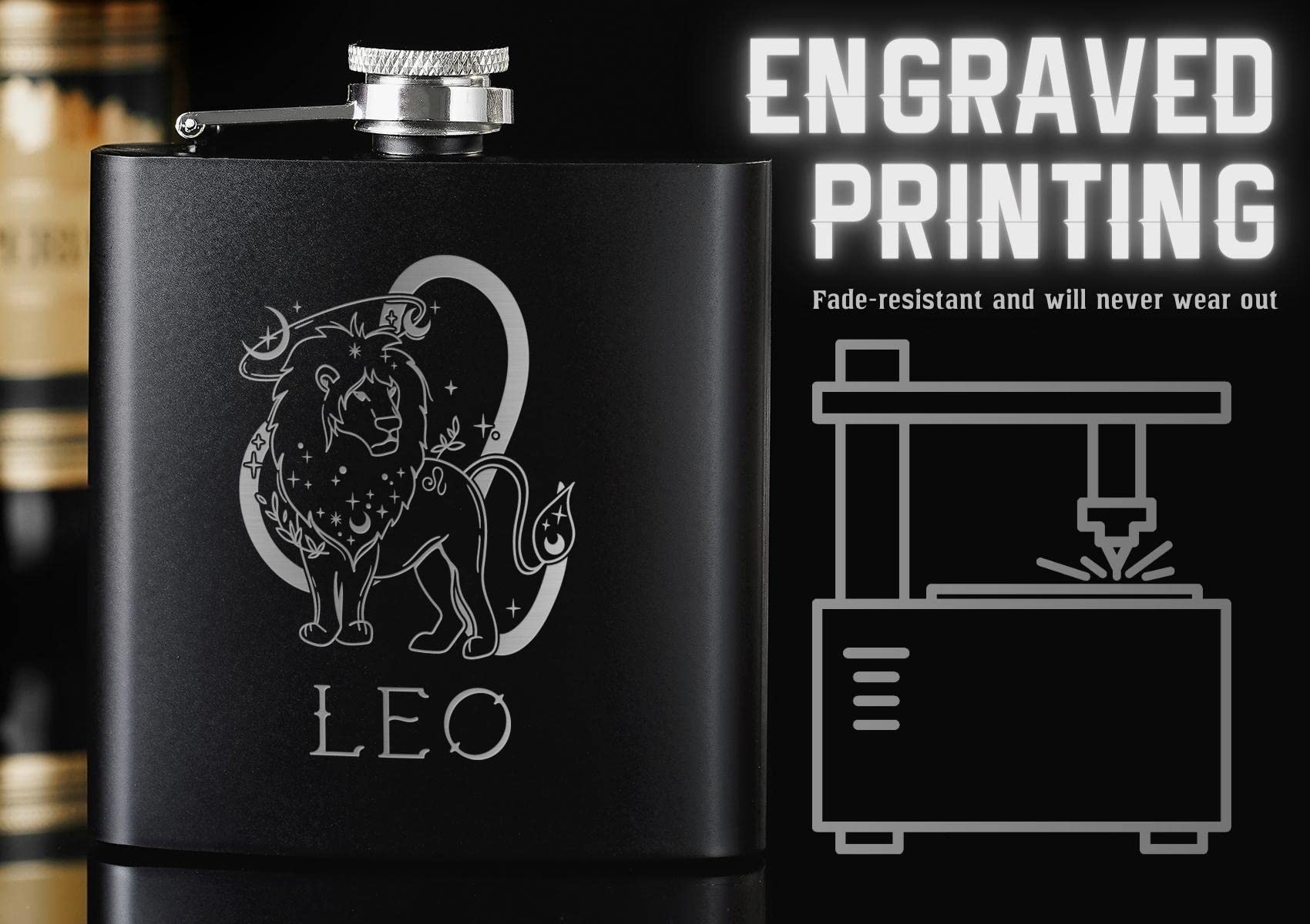 Onebttl Zodiac Themed Stainless Steel Hip Flask 6oz - Leo Horoscope Gift for Men & Women - Perfect for Birthday Presents, Party Favors & Outdoor Adventures