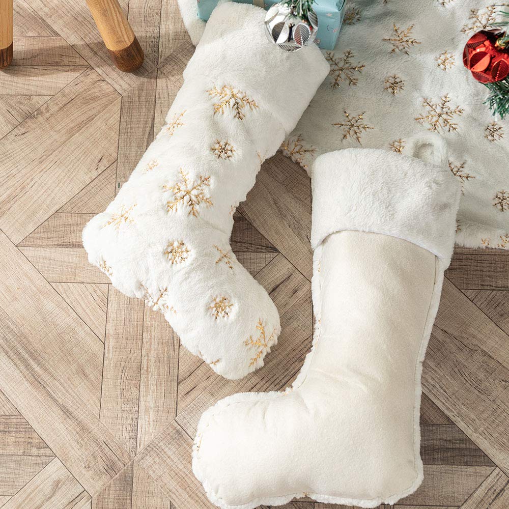 2PCS Luxury White Faux Fur Christmas Stockings - 22inch Large Hanging Xmas Socks with Gold Sequin Snowflake Design for Fireplace Mantel Decor, Holiday Gift Exchange & Cozy Winter Home Decor