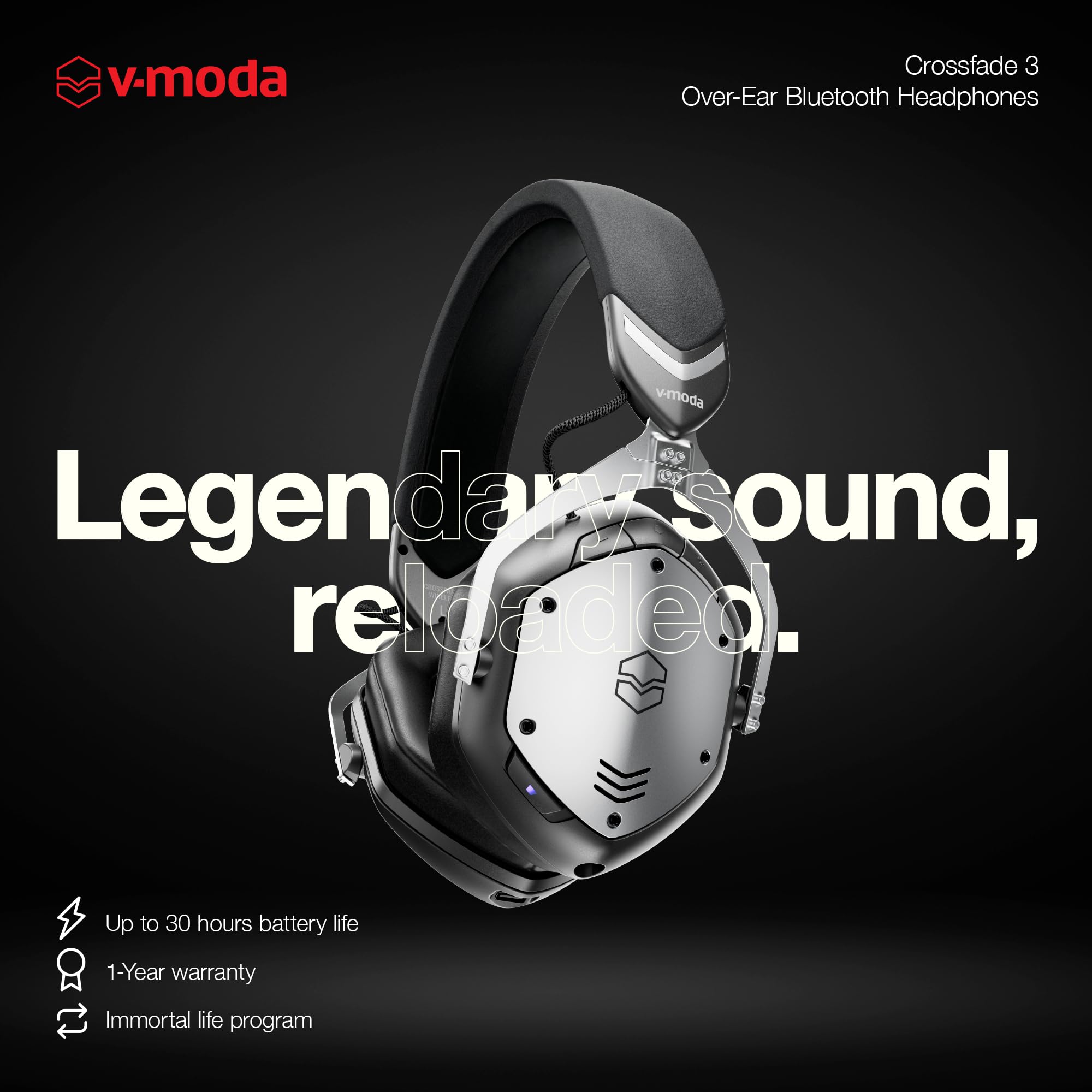 V-MODA Crossfade 3 Wireless Bluetooth Headphones - Premium Gunmetal Black | Noise Cancelling Over-Ear Headset for Music, Gaming & Travel