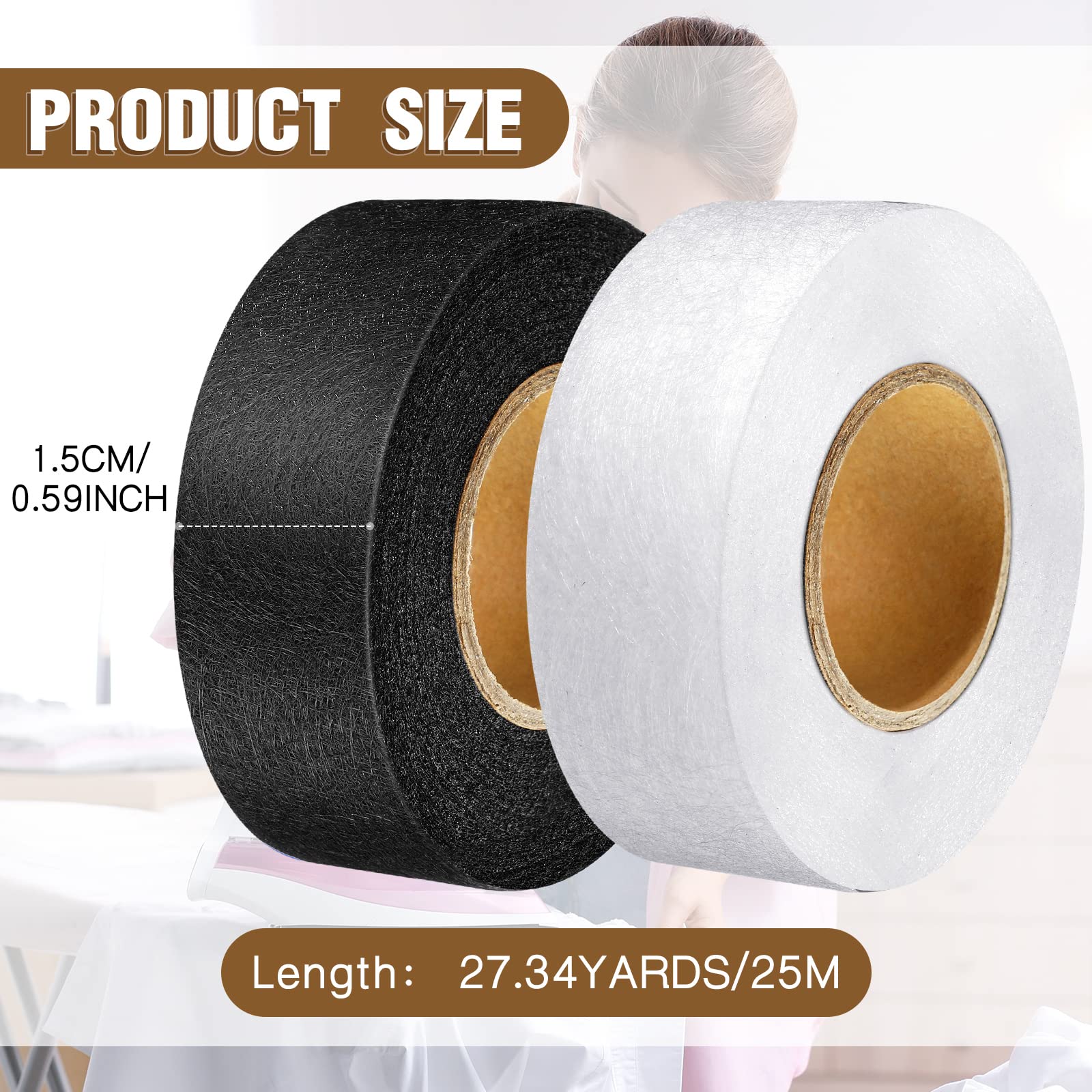 Outus 2 Rolls Fabric Fusing Tape - 1/2 Inch Iron-On Adhesive Hem Tape (27 Yards Each, Black & White) for Clothing Repairs, DIY Sewing & Craft Projects
