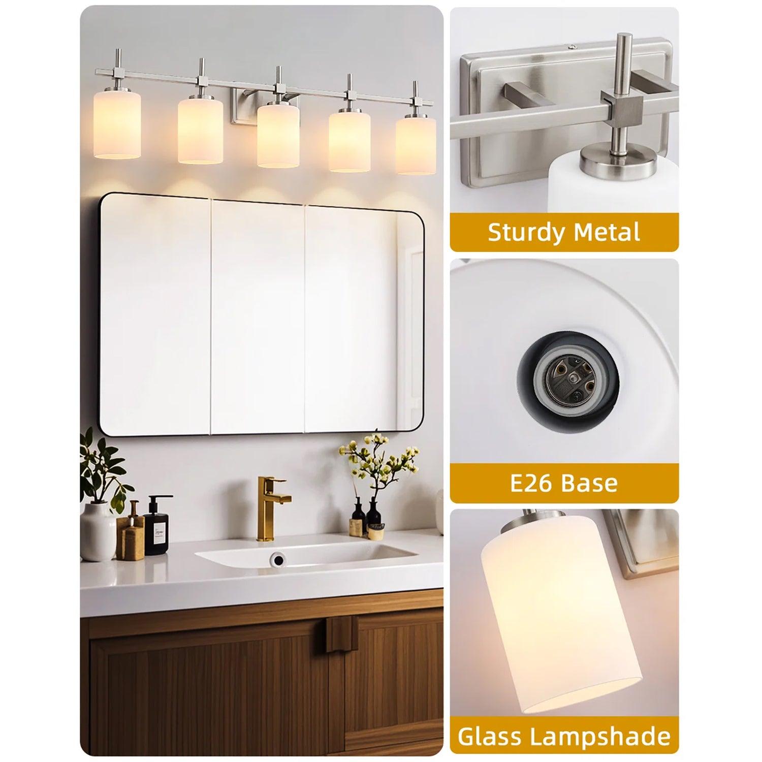 Jasper Modern Frosted Glass 5-Light Bathroom Vanity Light Fixture - Elegant Lighting for Bathroom, Powder Room & Dressing Area
