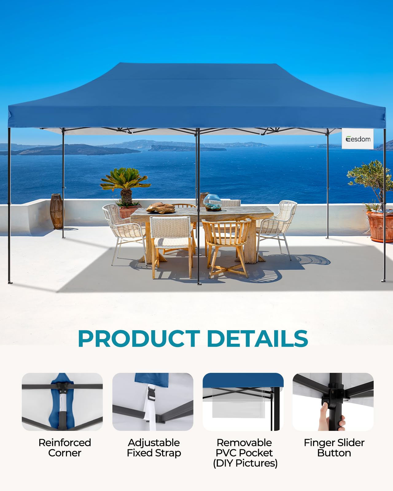 10x20 Commercial Pop Up Canopy Tent with Roller Bag - Adjustable Height Pull Ring Design - UPF50+ UV Protection - Includes 6 Stakes, 6 Sandbags & 6 Ropes - Perfect for Outdoor Events, Beach Parties, Farmers Markets, Camping & Backyard Gatherings - Blue