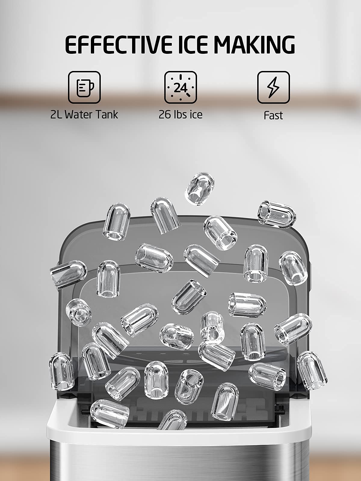 Portable Countertop Ice Maker Machine - 9 Ice Cubes in 6 Minutes, 26lbs/24Hrs, Self-Cleaning with 2 Bullet-Shaped Ice Sizes - Perfect for Home Kitchen, Office, Bar, Parties & Outdoor Gatherings