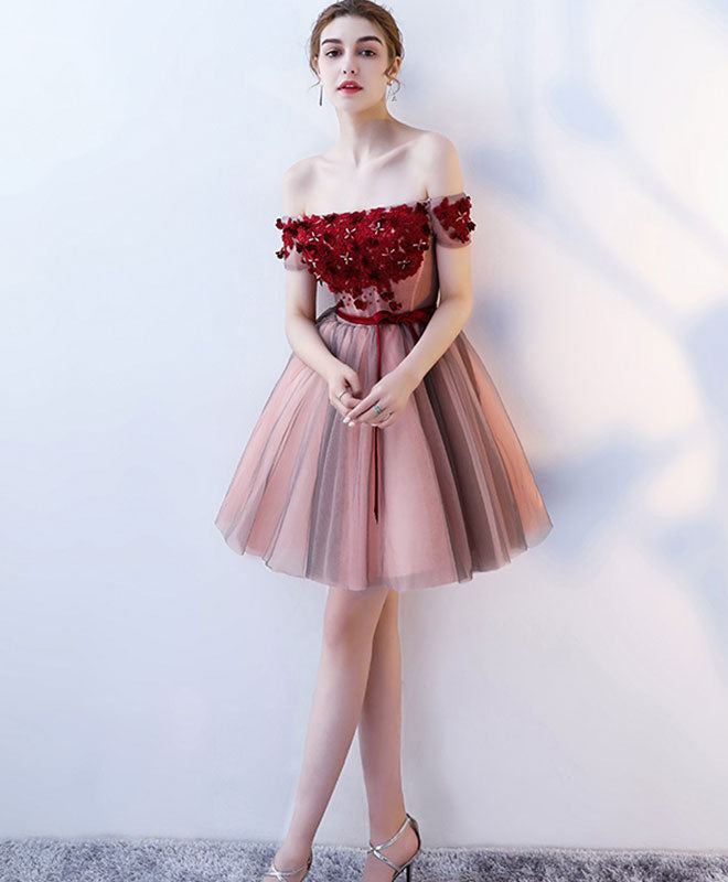 Elegant Burgundy Tulle Off-Shoulder Short Prom Dress for Homecoming, Party & Special Occasions | Flattering A-Line Design for Teens & Juniors