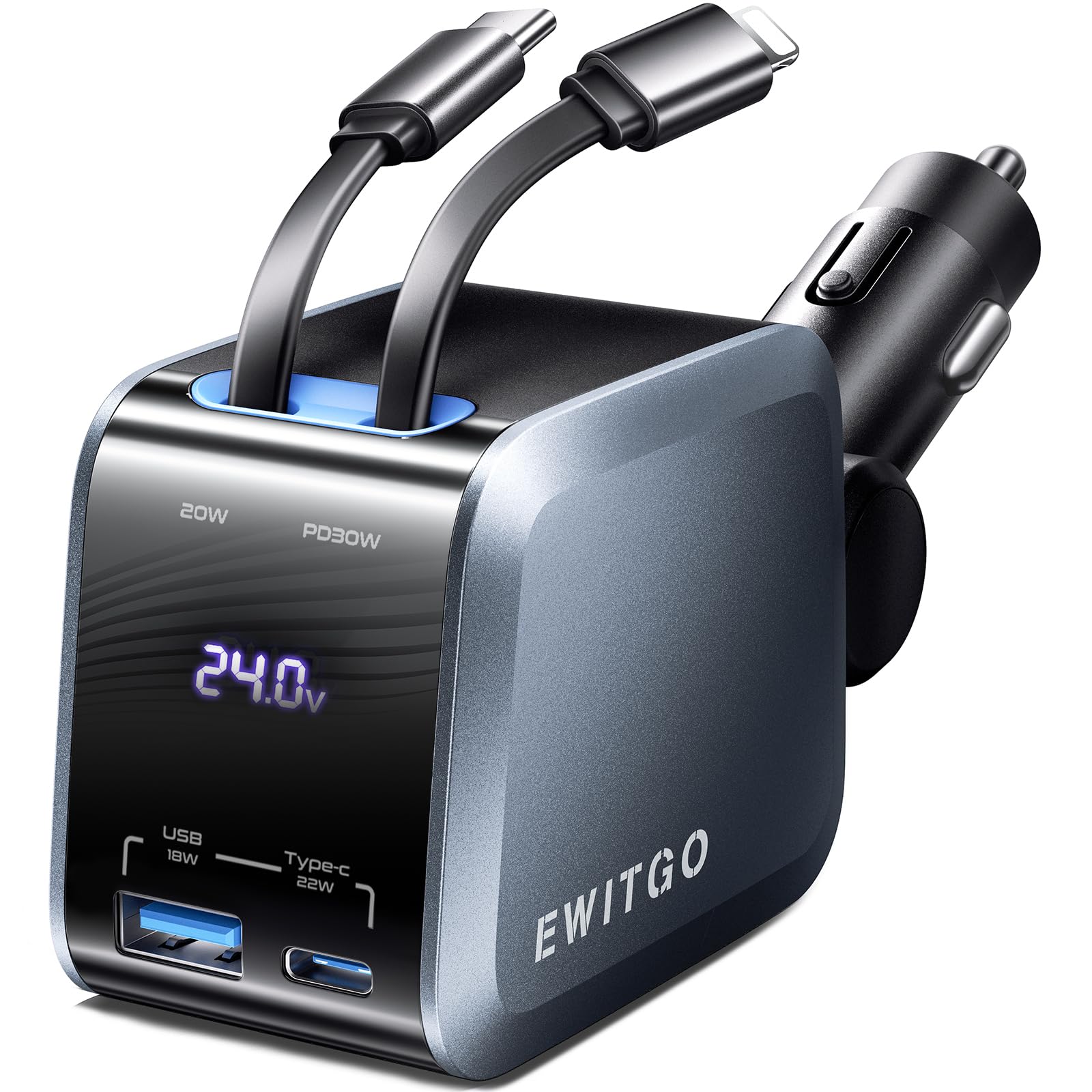 72W Fast USB C Car Charger with Retractable Cable - Travel Essentials for iPhone 16/15/14 - Perfect for Road Trips & Commuting
