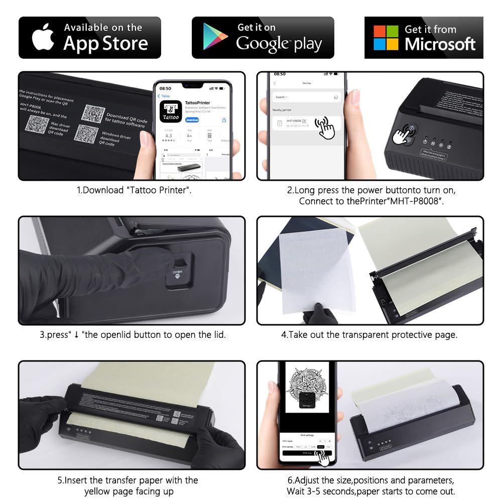 Ambition Wireless Tattoo Transfer Stencil Printer - Thermal Copier Machine Kit with 20 Free Transfer Papers | Professional & Beginner Tattoo Equipment | Smartphone & PC Compatible | Perfect for Tattoo Studios & Home Use