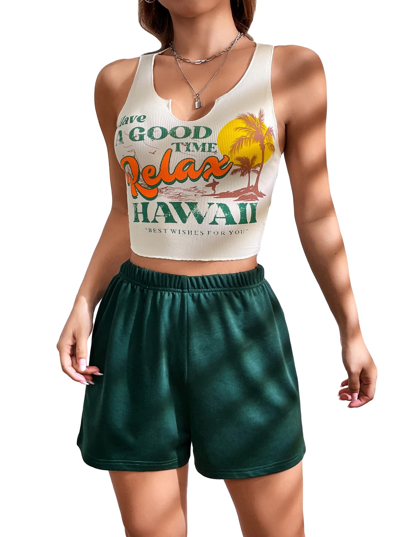 SHENHE Women's 2 Piece Outfits Summer Graphic Print Crop Tank Top with Shorts Set - Casual Streetwear, Beach Vacation, Gym Yoga Outfit