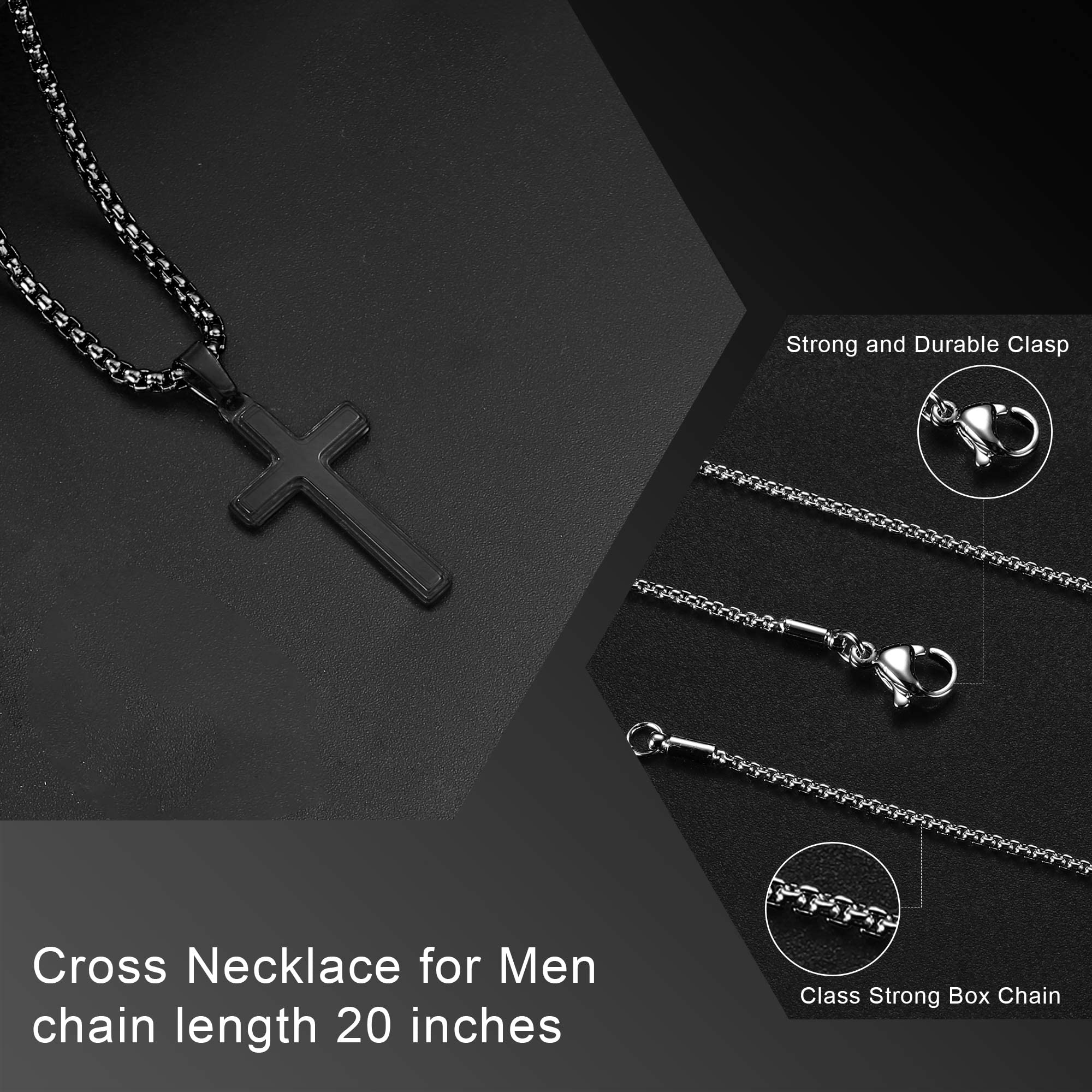 Stainless Steel Cross Necklace for Men - Black/Gold/Silver Religious Jewelry Gifts for Dad, Son, Husband - Birthday, Christmas, Baptism & Everyday Wear - Durable & Hypoallergenic Men's Necklace