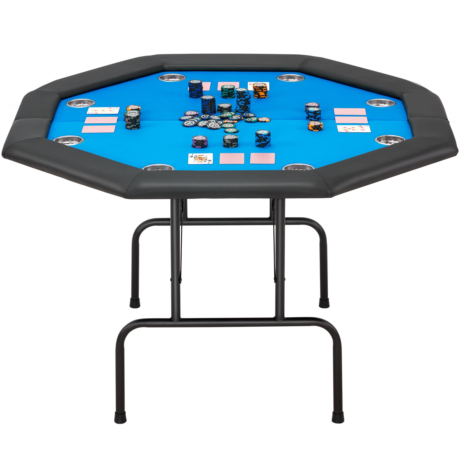 ECOTOUGE 8 Player Foldable Octagonal Poker Table with Stainless Steel Cup Holders - Portable Texas Hold'em Casino Game Table for Blackjack, Gambling & Home Entertainment (Blue) | Perfect for Game Nights, Poker Parties & Casino-Themed Events
