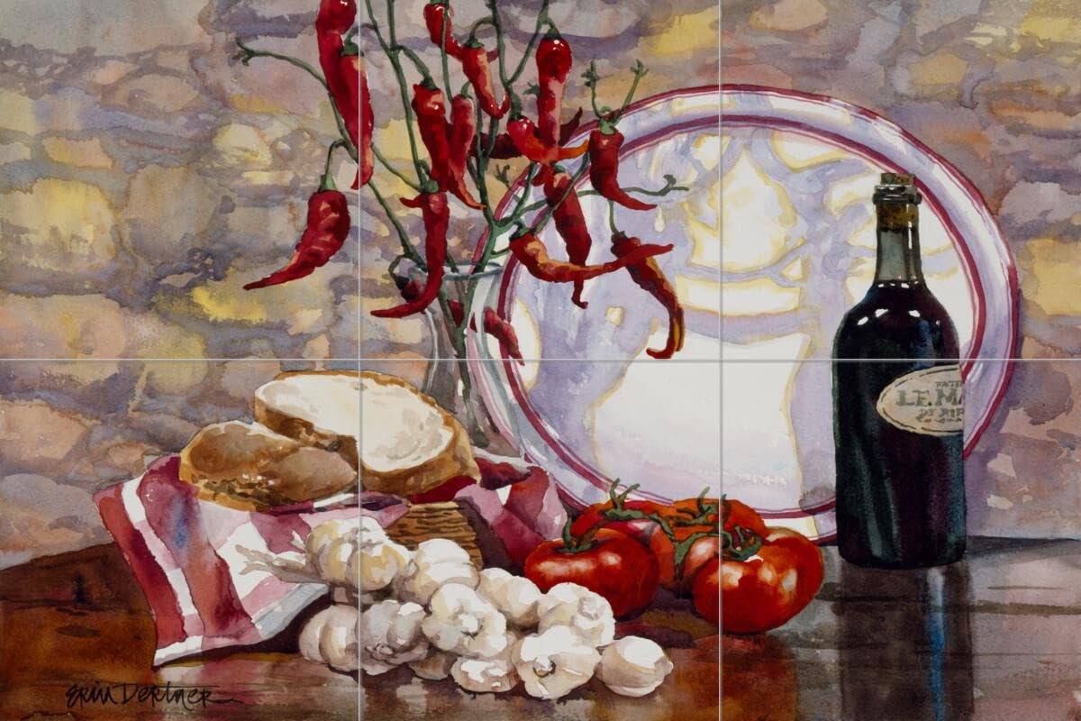 Hand-Painted Ceramic Backsplash Tile Mural for Kitchen - Old World Style Design by Erin Dertner - Perfect for Farmhouse, Rustic & Mediterranean Kitchen Decor