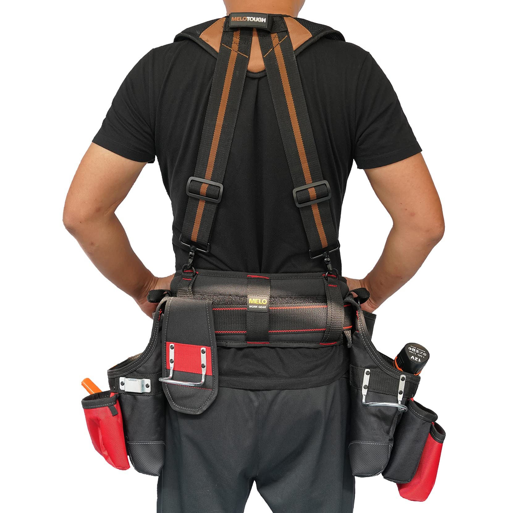 MELOTOUGH Magnetic Suspenders Tool Belt - Heavy Duty Construction Work Belt with Padded Shoulder Straps & D-Ring Hook | Adjustable Handle Strap for Tools | Ideal for Carpenters, Electricians & DIY Projects