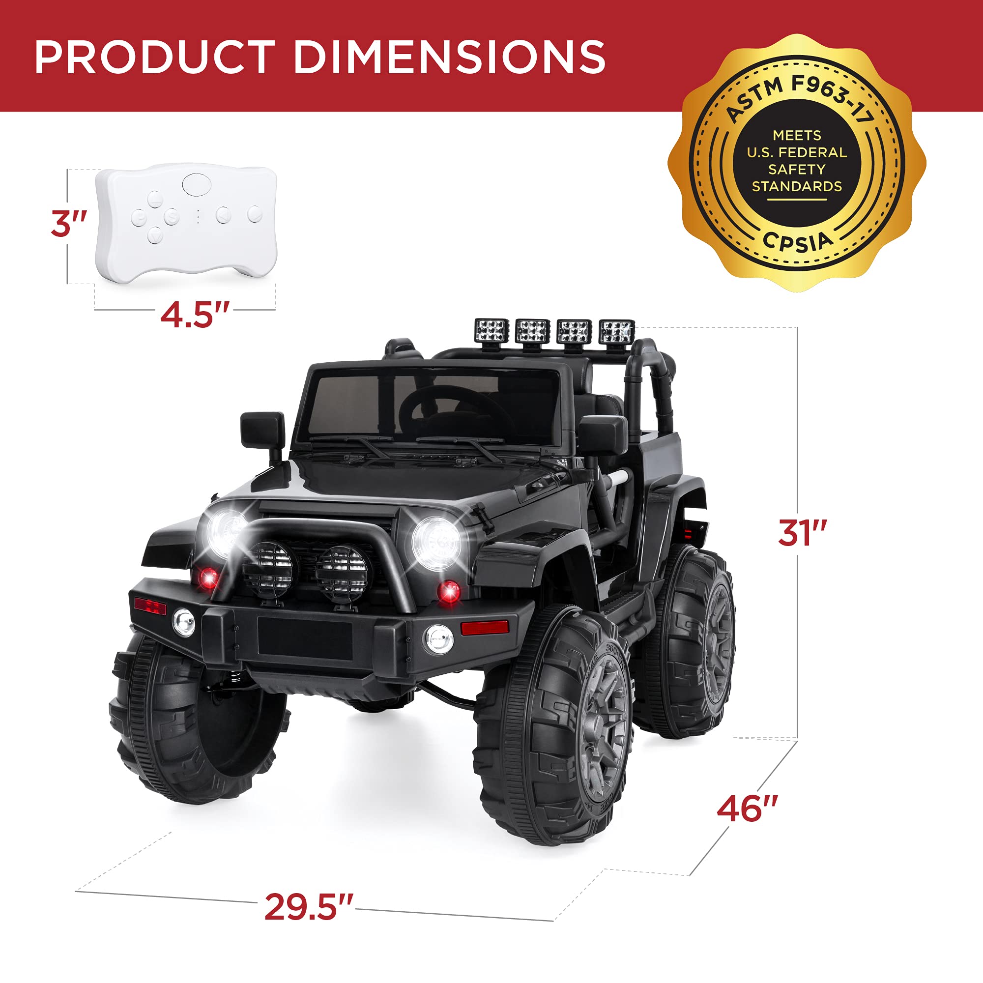 Best Choice Products 12V Kids Ride On Truck - Battery Powered Toy Car with Spring Suspension, Parent Remote Control, 3 Speed Settings & LED Lights - Black Electric Vehicle for Boys & Girls - Perfect for Outdoor Play, Birthday Gifts & Backyard Fun