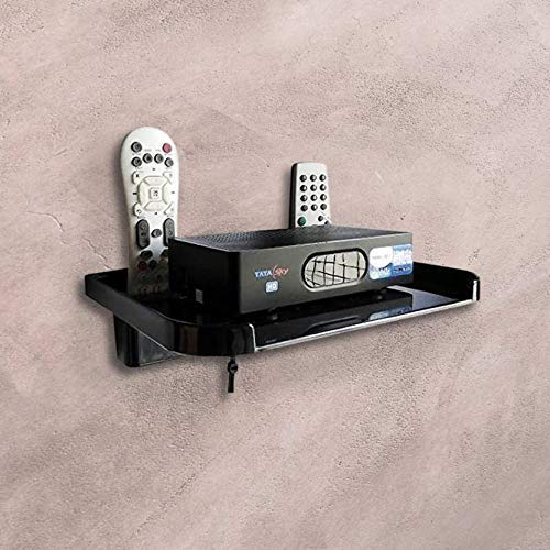 Digionics Universal TV Set Top Box Stand - Black Plastic Shelf with Remote Holder & Wall Mount, WiFi Router Stand & Mobile Charging Dock - Perfect for Living Room, Bedroom & Home Theater Setup