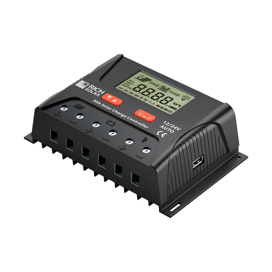 Rich Solar 30 Amp PWM Solar Charge Controller - Waterproof & Efficient for RV, Boat, Off-Grid Power Systems | Solar Panel Battery Regulator for 12V/24V Systems | Perfect for Camping, Marine & Home Solar Projects