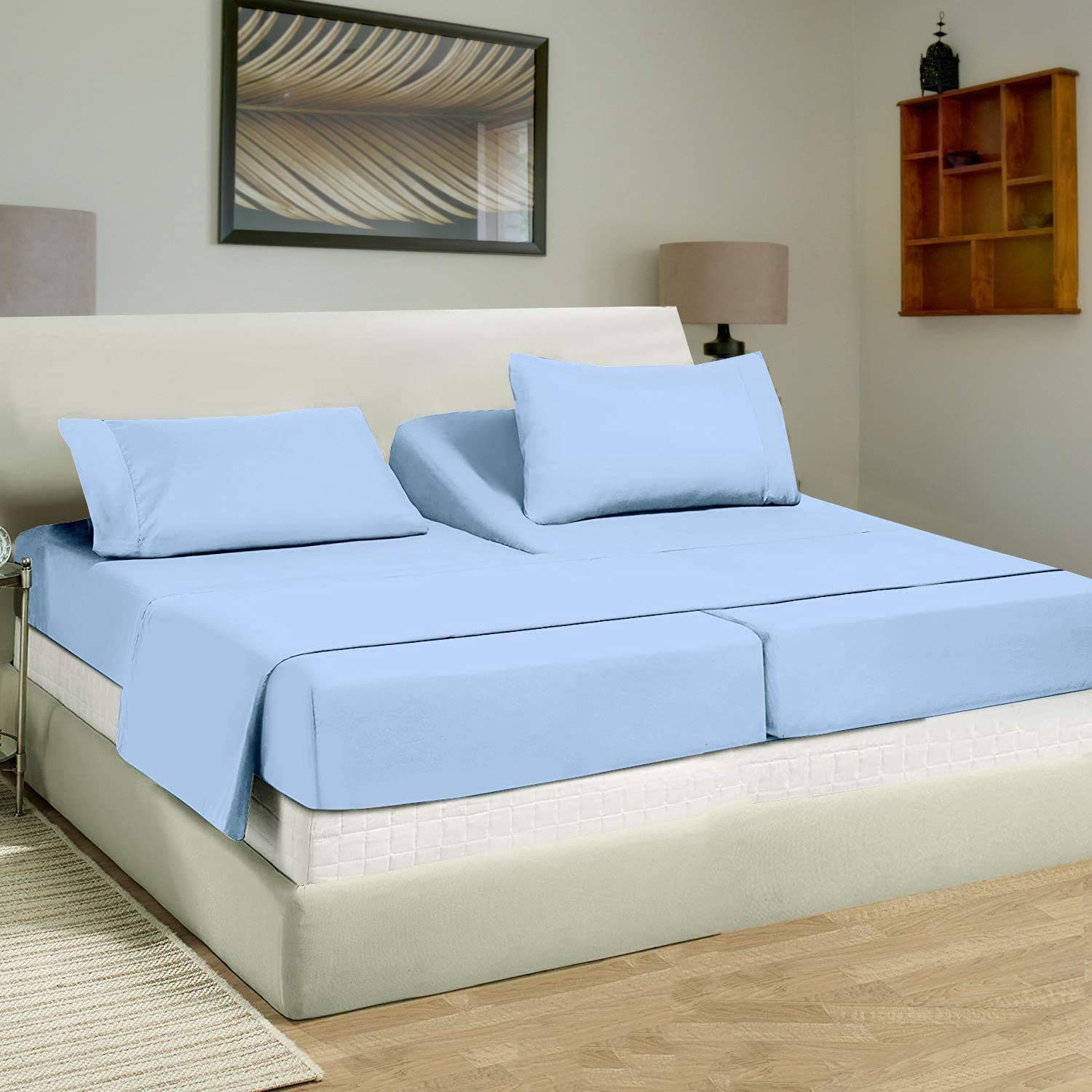 Split King Sheet Set - 7 Piece 100% Egyptian Cotton Bedding with Extra Deep Pockets for Adjustable Beds - Twin XL Size in Light Blue - Perfect for Master Bedrooms, Guest Rooms & Luxury Hotels