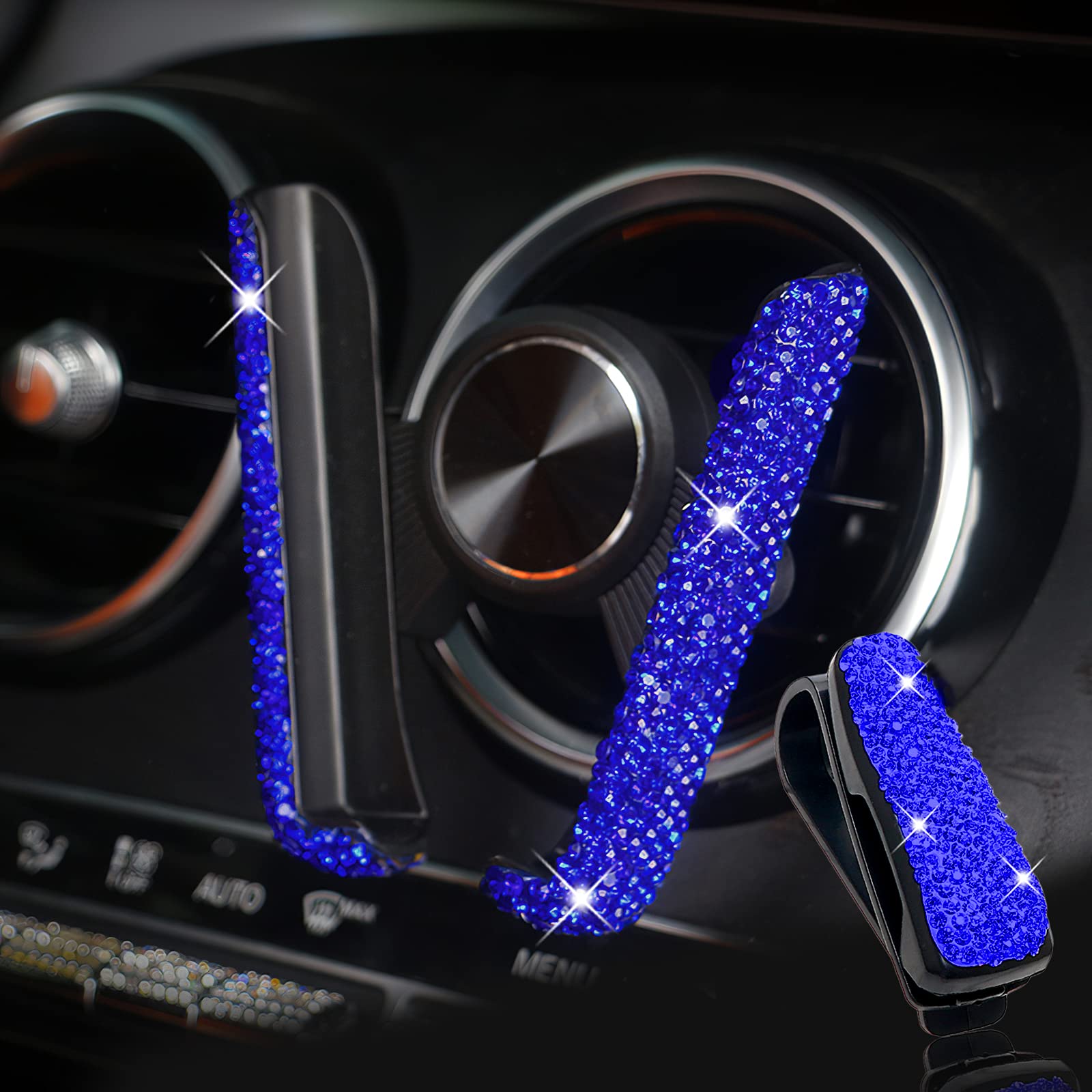 Bling Crystal Car Phone Mount with Free Glasses Holder - Universal Dashboard, Windshield & Air Vent Cell Phone Holder - Stylish Car Accessories for Women (Blue) - Perfect for Commuting, Road Trips & Hands-Free Driving