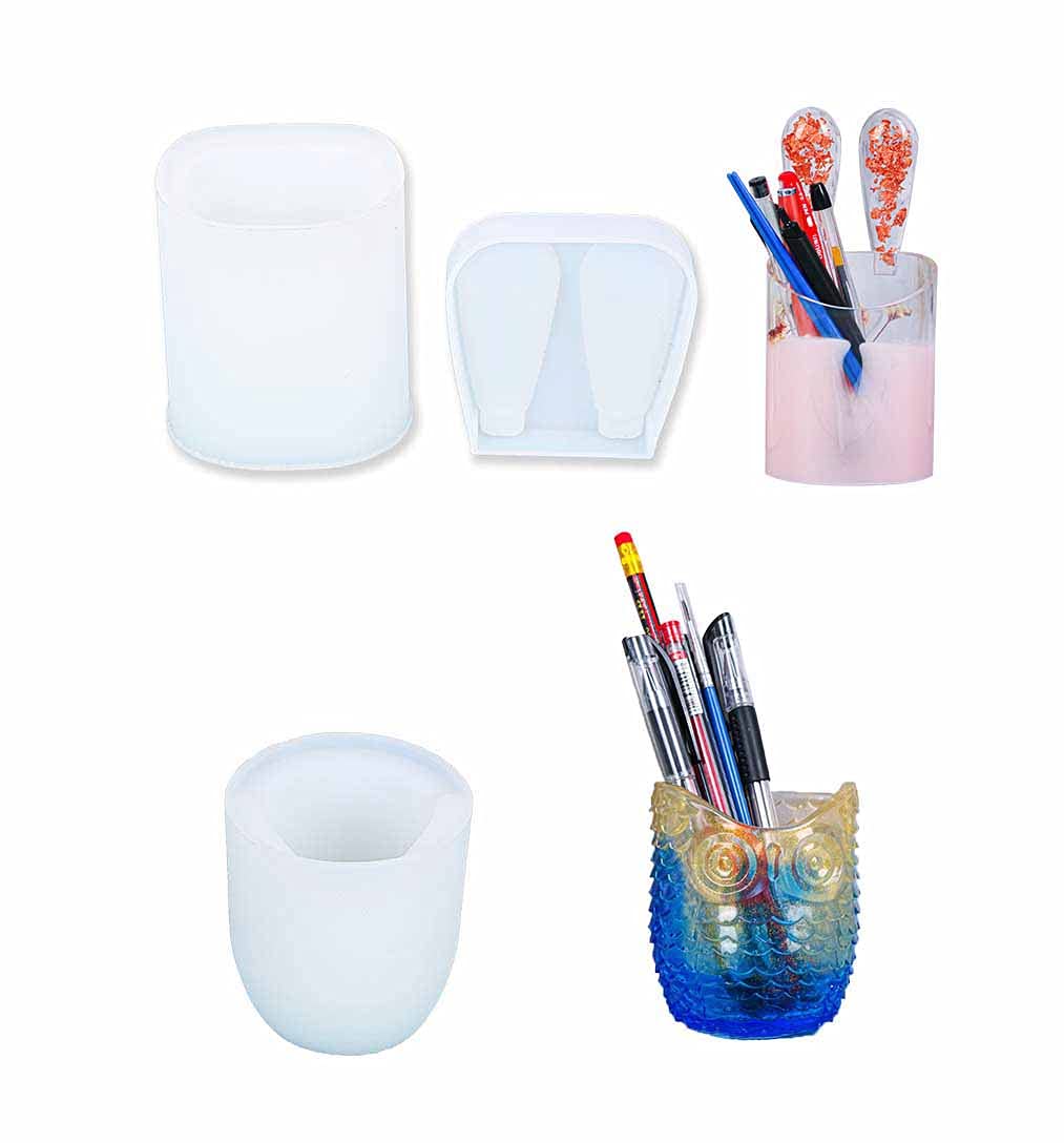 Yalulu 2Pcs Resin Pen Holder Molds - DIY Rabbit & Owl Makeup Brush Storage Box & Flower Pot Silicone Molds for Epoxy Resin Crafts | Perfect for Home Office Organization, Makeup Brush Storage, and Unique Gift Ideas