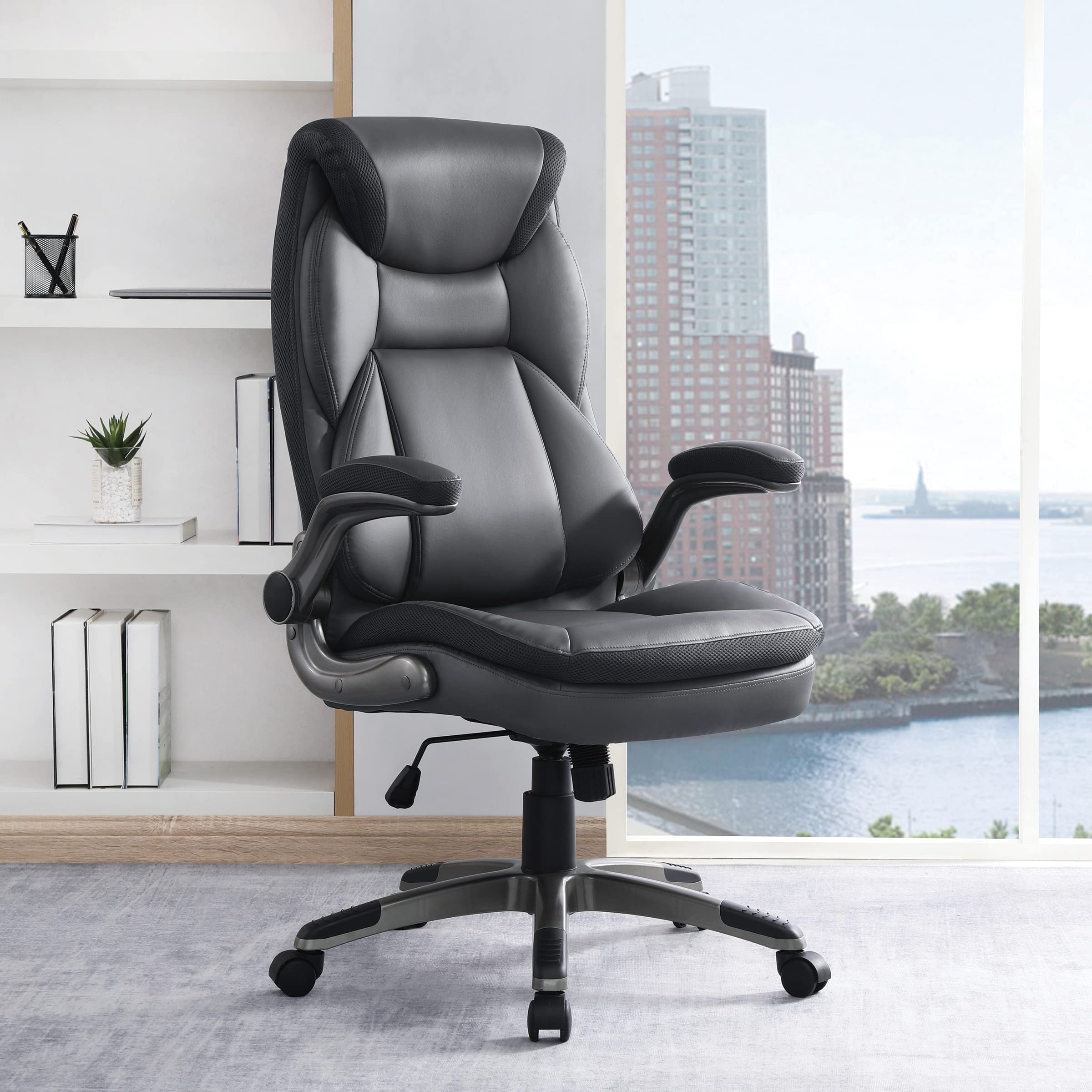 Office Star ECH Series Executive Bonded Leather Office Chair with Lumbar Support & Adjustable Arms - Charcoal with Titanium Base - Ergonomic Desk Chair for Home Office & Workspace