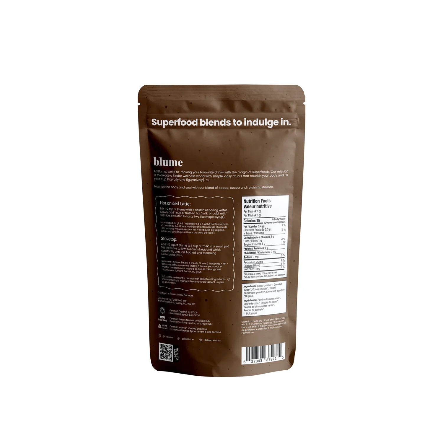 Organic Blume Reishi Hot Cacao Superfood Latte Mix - 125g | Immune Support & Stress Relief | Perfect for Morning Boost & Cozy Evenings