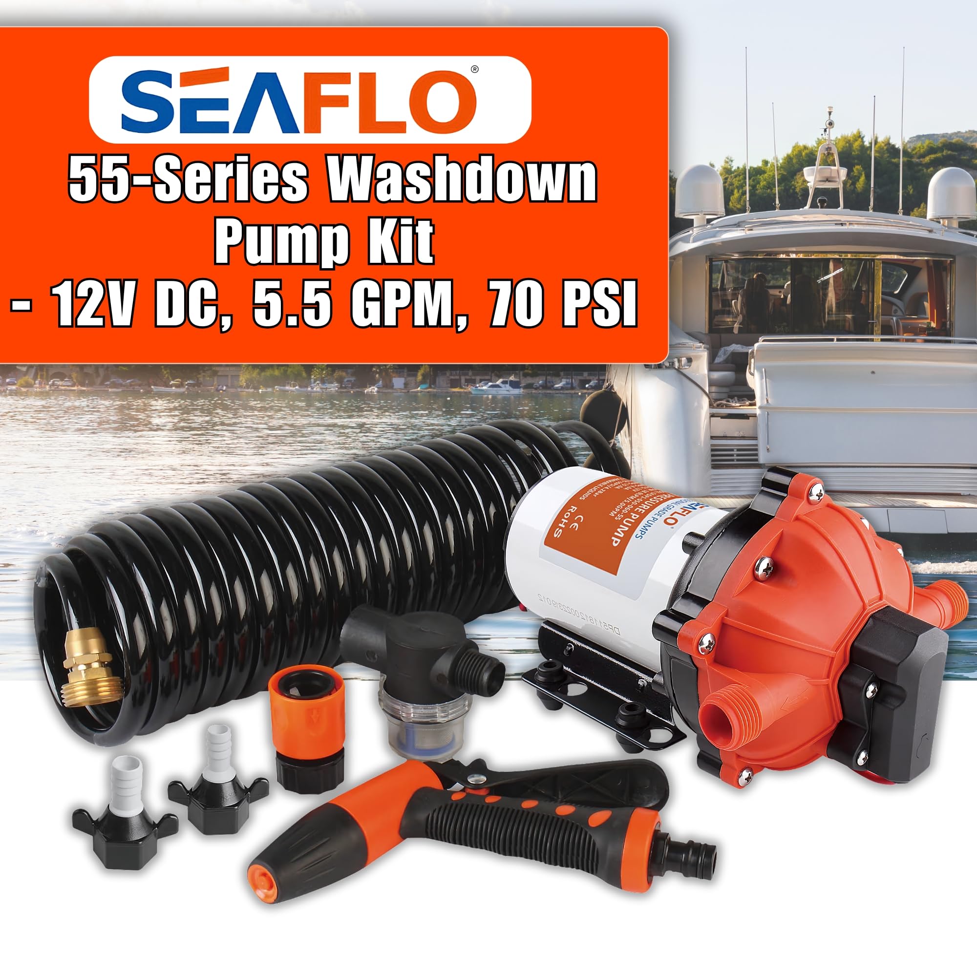 SEAFLO 55-Series 12V DC Washdown Pump Kit - 5.5 GPM, 60 PSI, Self-Priming Marine Water Pump with Adjustable Pressure Switch & Coiled Hose - High Flow Pressure Washer for RV, Boat, Off-Grid, and Outdoor Cleaning Applications