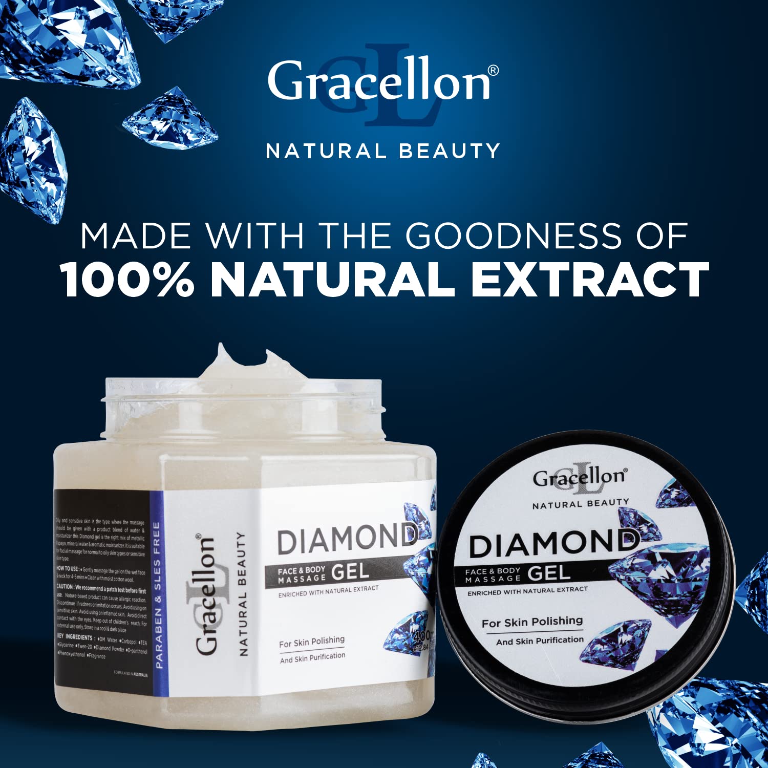 Gracellon Diamond Face & Body Massage Gel - Hydrating & Nourishing Skin Care for Dry Skin, Paraben & SLES Free - Perfect for Spa, Home Relaxation & Post-Workout Recovery