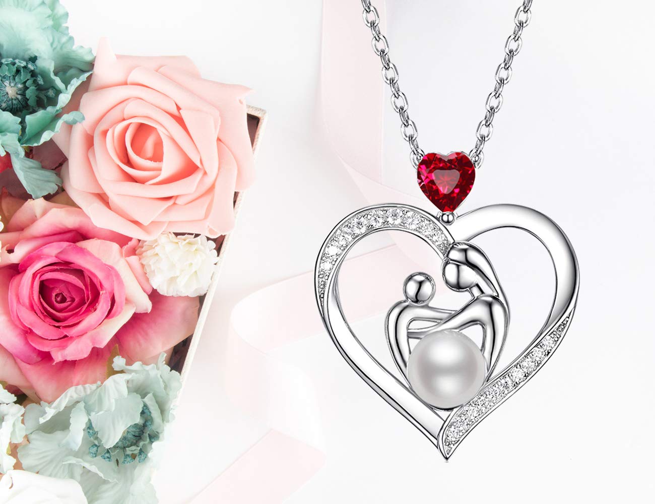 Sterling Silver Heart Necklace for Mom - Personalized Birthstone Jewelry Gift for Mother's Birthday, Wife, Anniversary (Emerald, Pearl, Garnet) | Elegant & Sentimental Present for Special Occasions