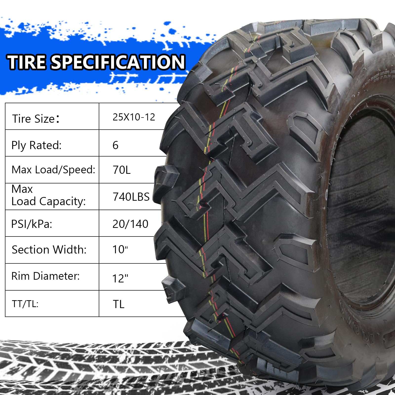 Premium Set of 2 ATV/UTV All-Terrain Tires 25x10-12 6PR - Heavy Duty Oblique Construction with Non-Directional Tread Pattern (Model QD-115S) - Perfect for Mud, Gravel, Sand & Rocky Terrains - Ideal for Off-Road Adventures, Farm Work & Trail Riding