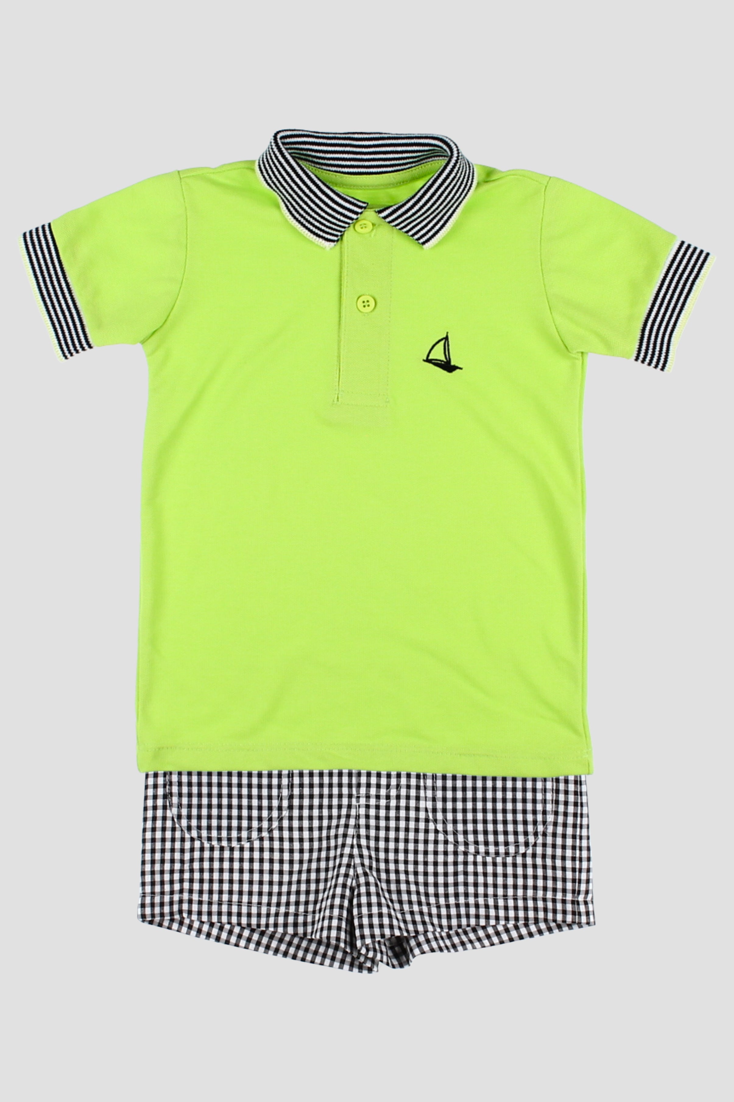 Stylish Axel Neon Lime Polo Shirt & Black Gingham Shorts Set for Men - Perfect for Summer Outings, Beach Vacations, and Casual Weekend Wear