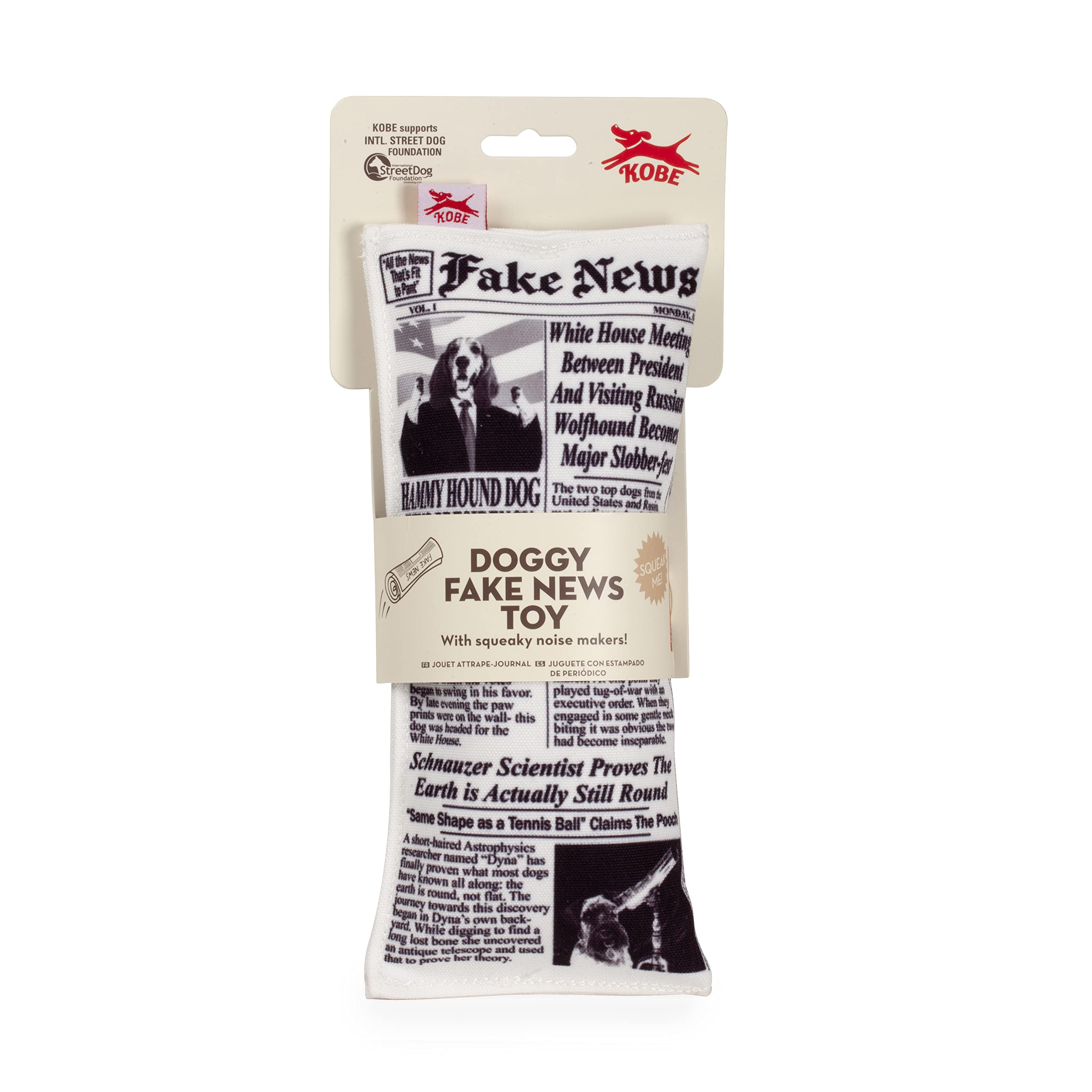 Kikkerland Kobe Fake News Print Squeaky Dog Toy - Fun Canvas Chew Toy for Small, Medium & Large Dogs - Interactive Play & Training Reward for Pets