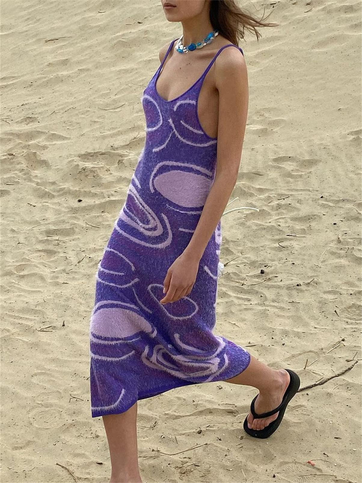 Y2K Print Knit Bodycon Dress for Women - Sexy Sleeveless Halter Neck Long Dress with Hollow Out Design | Perfect for Summer Parties, Club Nights & Streetwear Fashion