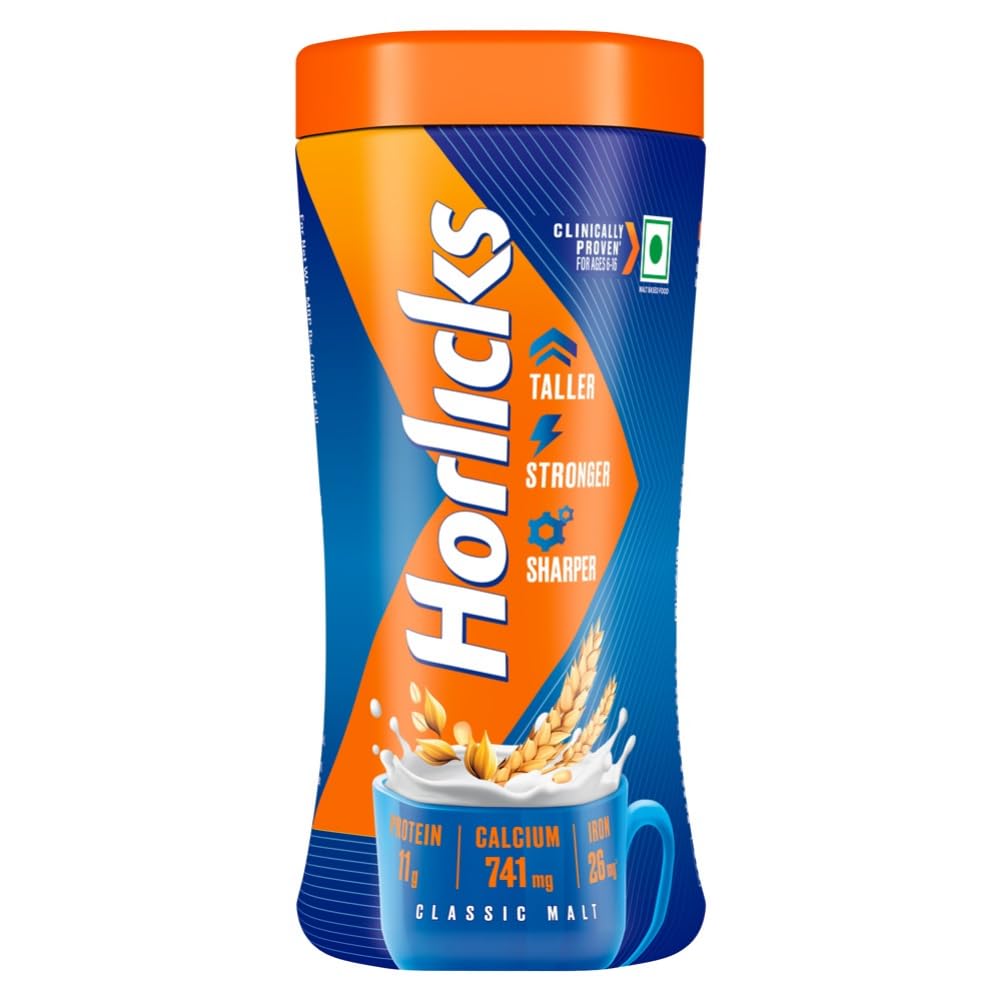 Horlicks Classic Malt Nutrition Drink Powder - 500g Jar for Kids | Clinically Proven to Support Growth, Strength & Brain Development | Perfect for Breakfast, Snacks & Bedtime