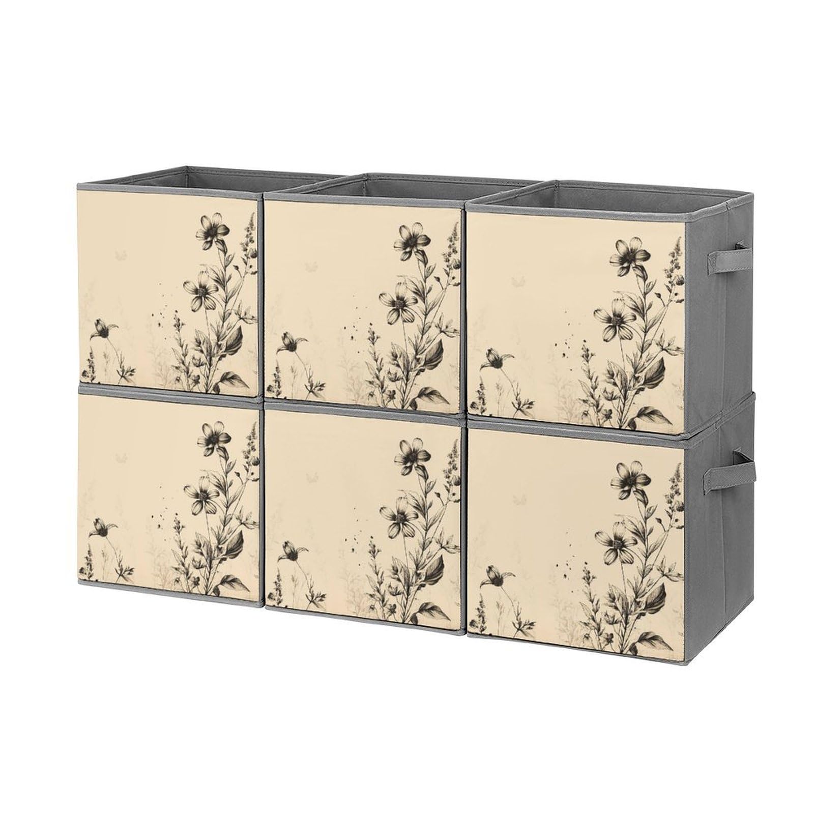6-Pack Collapsible Storage Bins with Handles - Beige Floral Design Foldable Storage Boxes for Home Organization, Shelves, Closet & Pantry | Space-Saving Home Decor & Multipurpose Storage Solutions