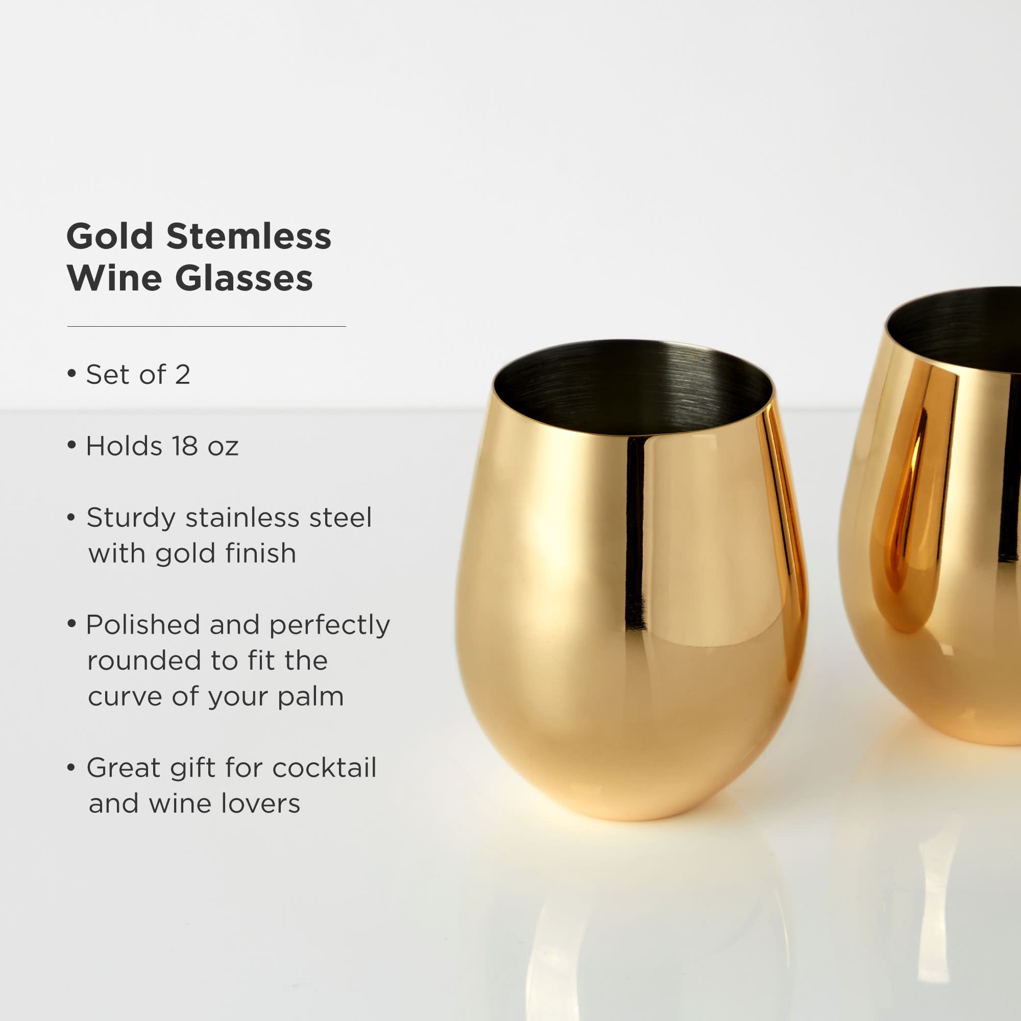 Premium Gold Stainless Steel Stemless Wine Glasses Set of 2 - Shatterproof & Dishwasher Safe for Indoor/Outdoor Use - Perfect for Parties, Picnics, and Home Entertaining
