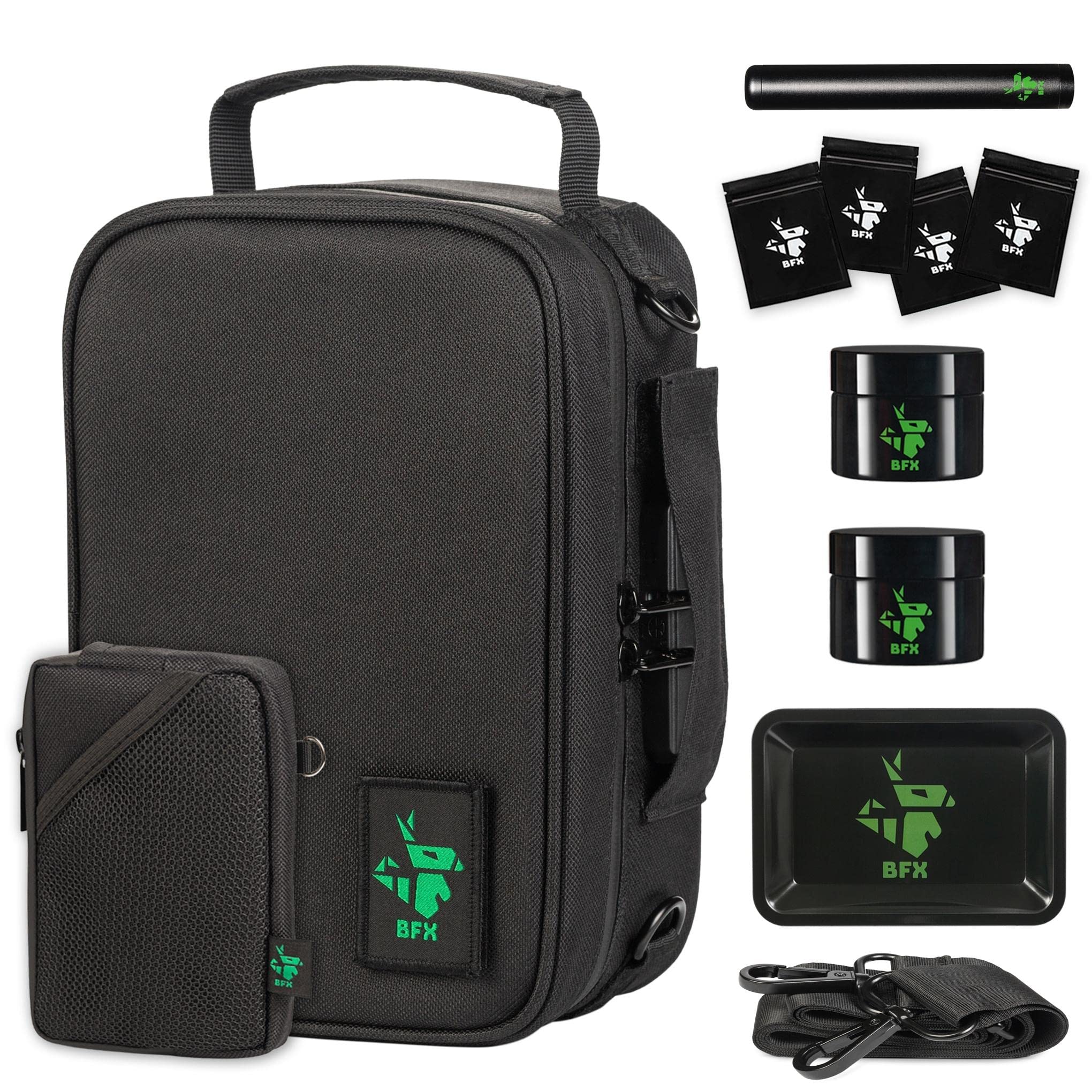 BFX Odor Proof Bag Set with Lock - 2 Smell Proof Bags, Scent Absorbing Pouch, Airtight Mylar Bags & Rolling Tray for Travel, Storage & Discreet Cannabis Transport | Odorless Container Kit for Herbs, Tobacco & Valuables
