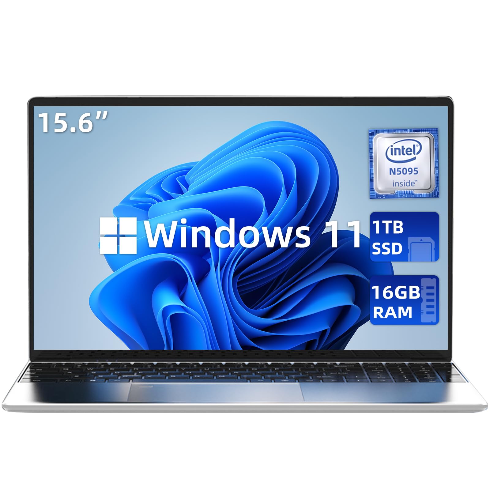 Aichiw 15.6 Inch Laptop - Windows 11, 16GB RAM, 1TB SSD, Intel Celeron Quad-Core Processor up to 2.9GHz, Thin & Light Notebook with Dual Band WiFi, Fingerprint Security, Backlit Keyboard - Silver | Perfect for Work, Study & Home Office Use