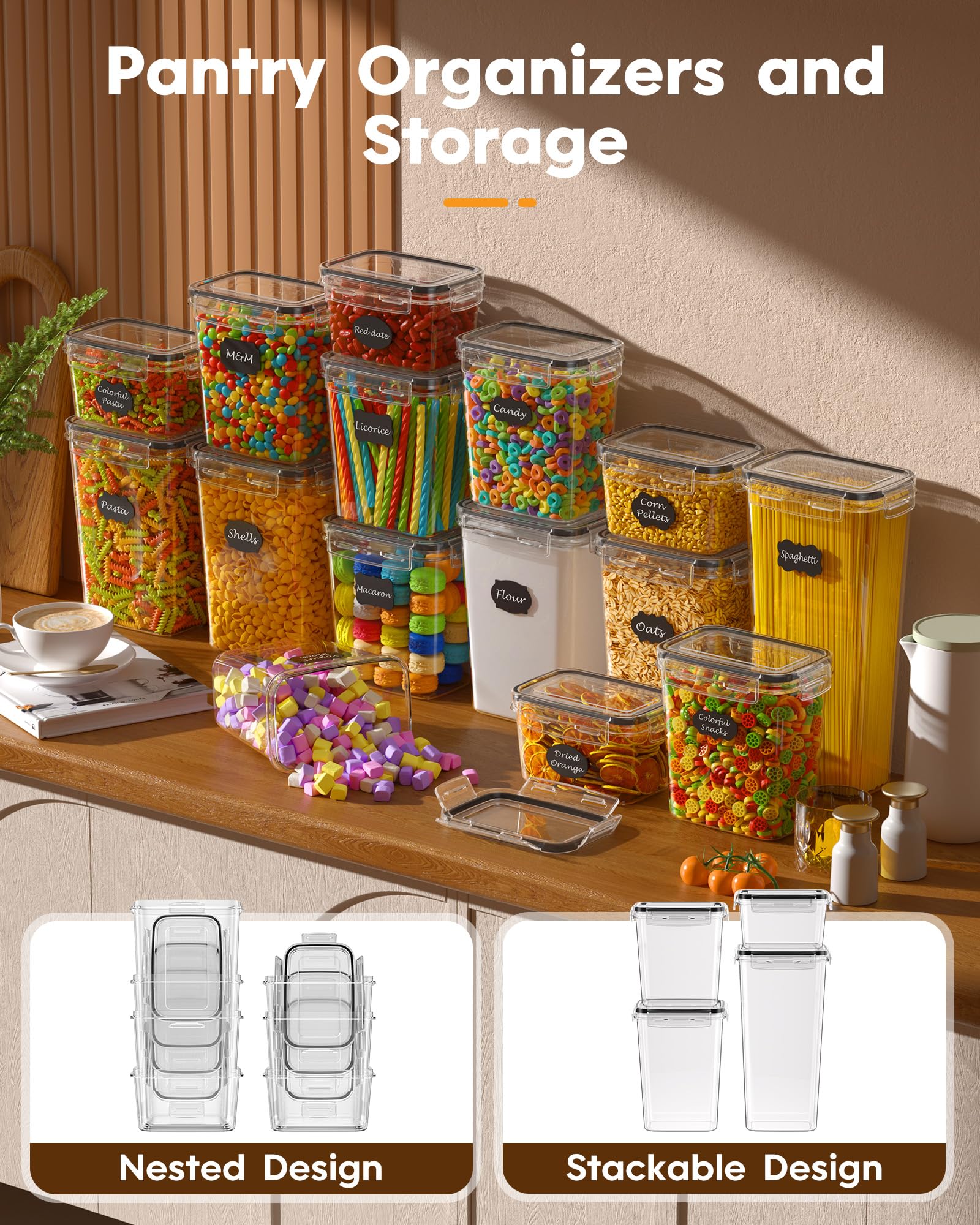 15-Pack Airtight Food Storage Containers with Lids - BPA-Free Plastic Kitchen Organizers for Cereal, Flour, Sugar, Pasta & Dry Food - Includes Labels & Marker - Perfect for Pantry, Baking & Meal Prep Organization