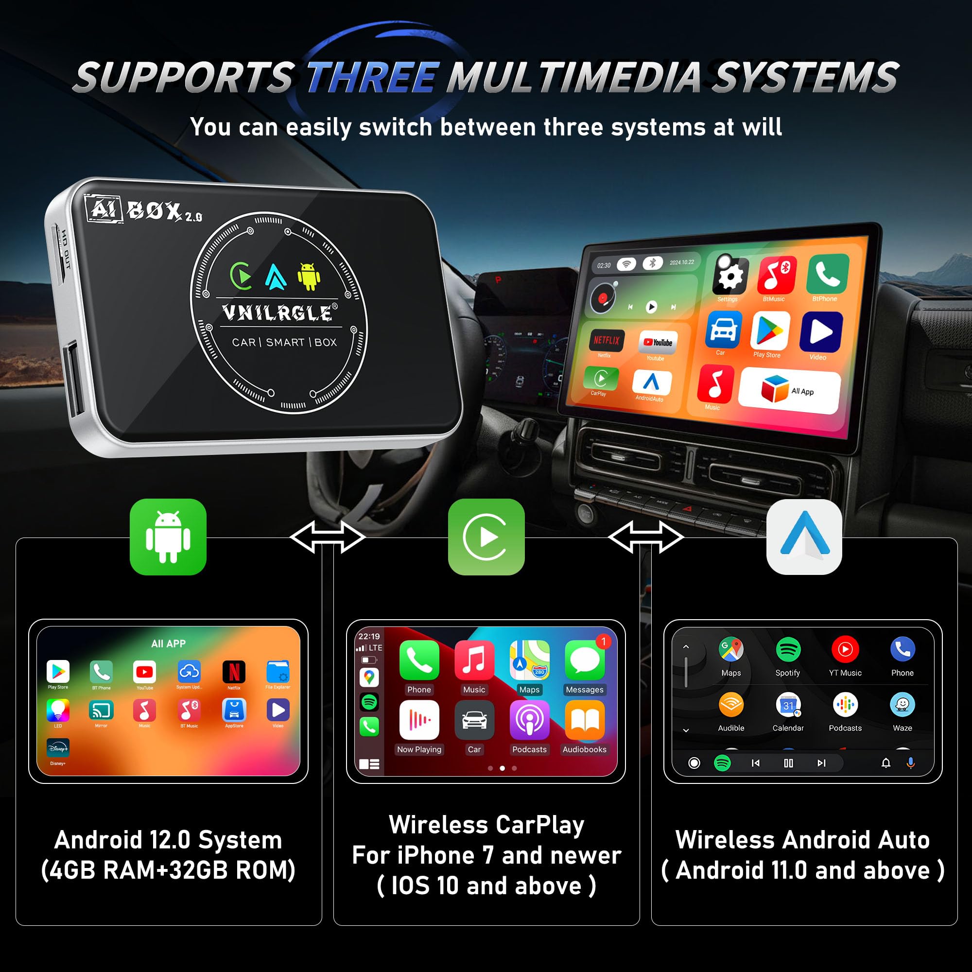 4-in-1 Wireless CarPlay & Android Auto Adapter - Stream Netflix, YouTube & More - Split Screen & Mirroring - Compatible with OEM Wired CarPlay/Android Auto Cars - Perfect for Road Trips & In-Car Entertainment