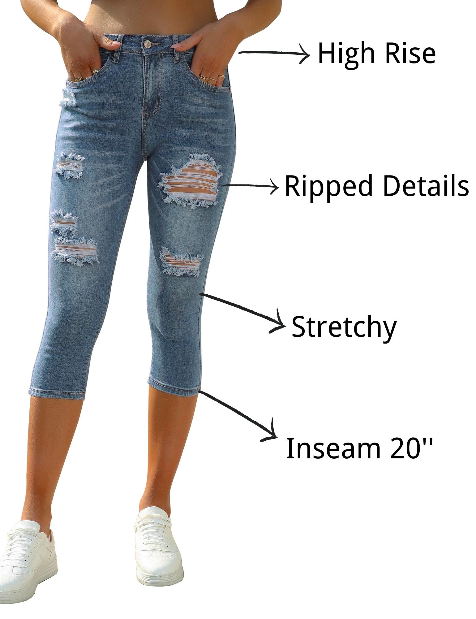 Luvamia Women's High Waisted Skinny Ripped Capri Jeans - Stretch Denim Pants for Casual Wear & Summer Outfits