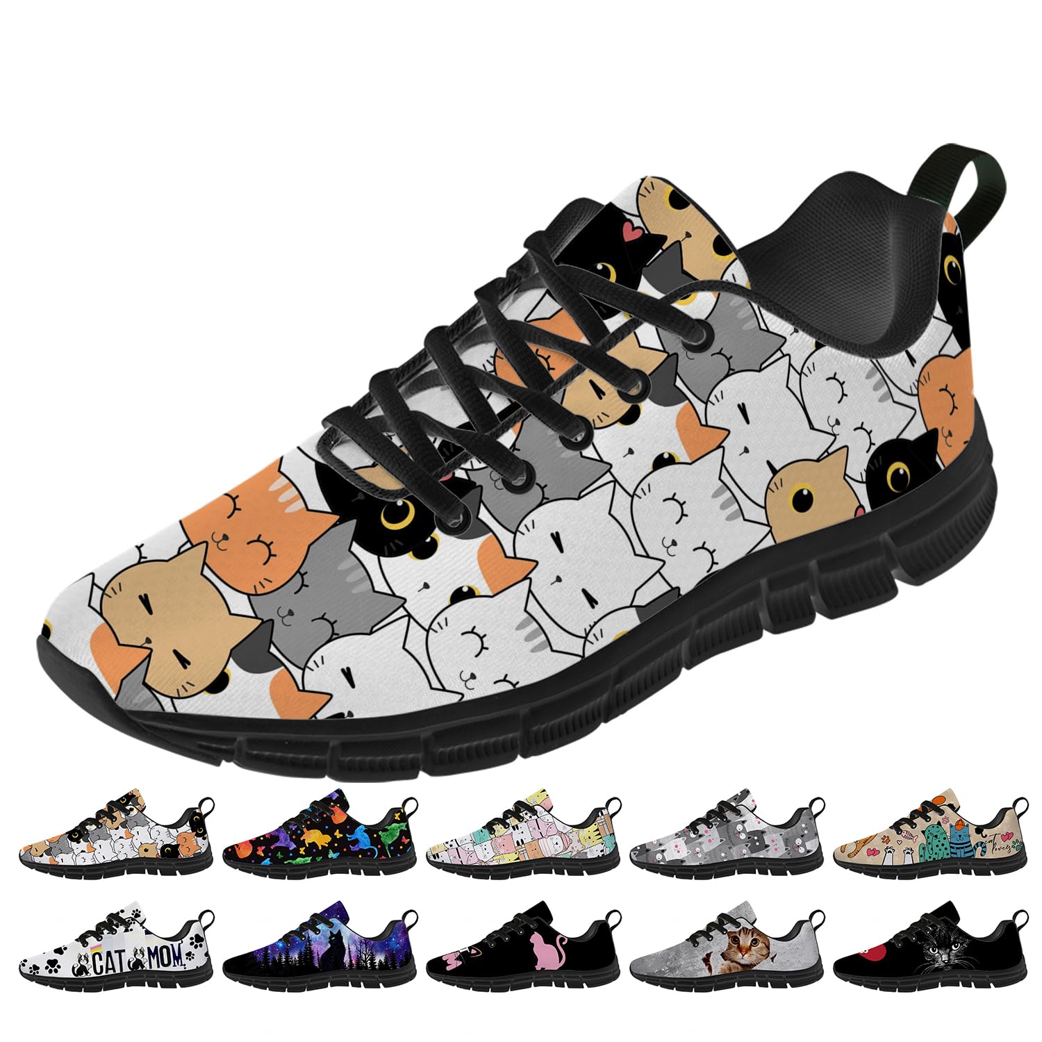 Women's Cat Print Sneakers - Cute Running & Tennis Shoes for Her - Perfect Gift for Cat Lovers - Ideal for Jogging, Gym Workouts & Casual Wear